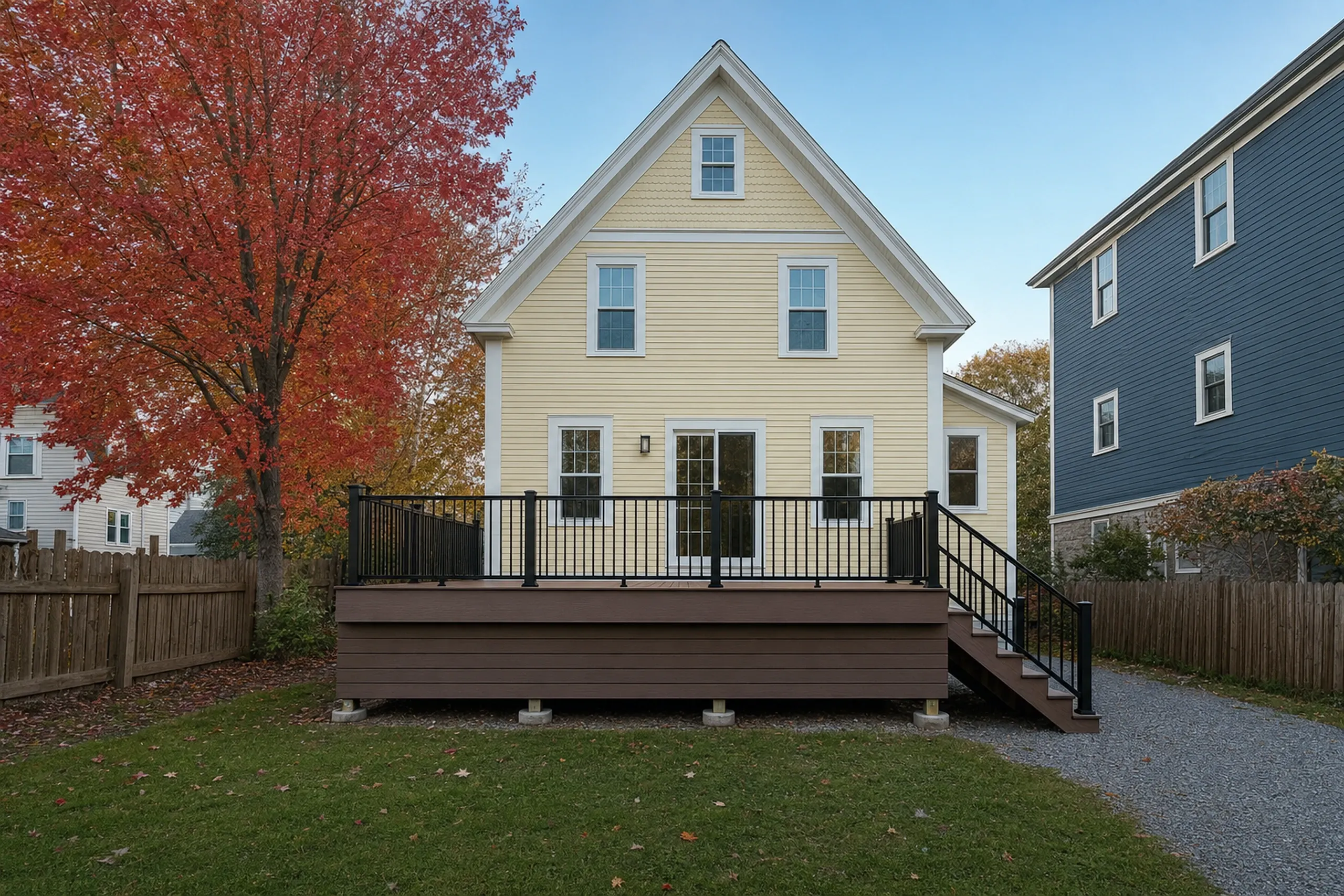 About deck builders lewiston: Jim Hutchins stands on the brown wood deck with black metal railing attached to a yellow house with white trim.