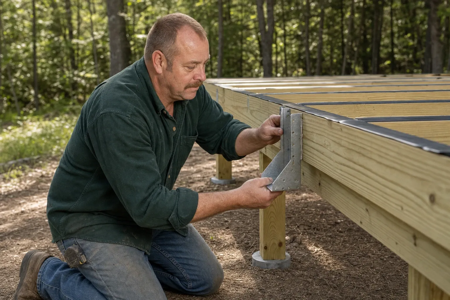 Jim Hutchins kneels beside a partially built wooden deck with a metal bracket railing, next to a wood-sided house in a wooded area.