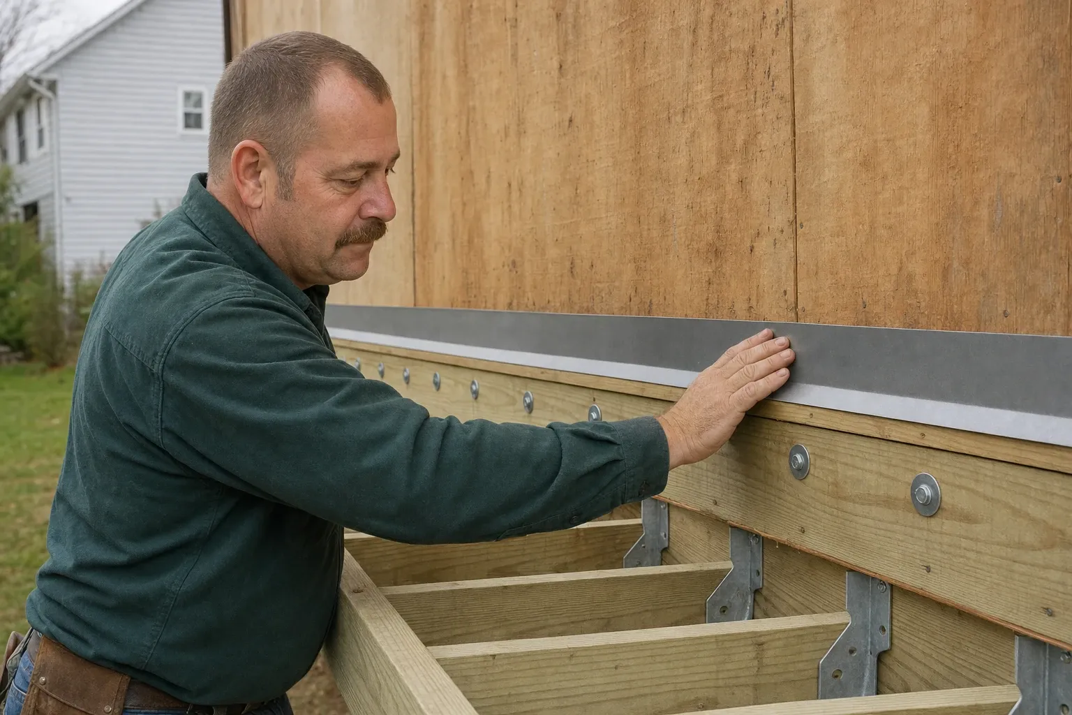 Jim Hutchins inspects a wooden deck frame with metal brackets against a house wall covered in plywood sheathing.