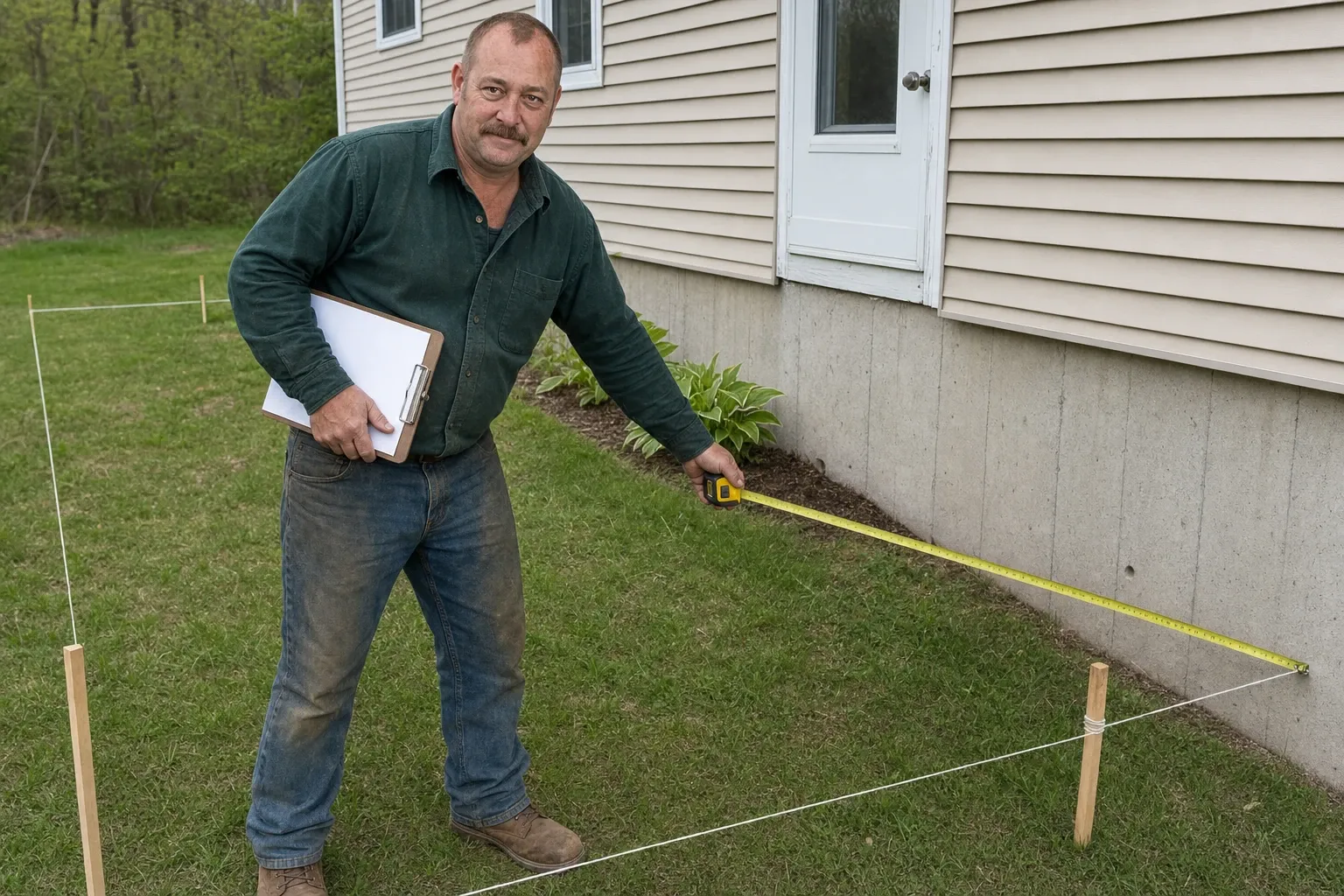 Jim Hutchins measures outside a house with beige siding near a concrete foundation, standing on grass between wooden stakes and string lines.