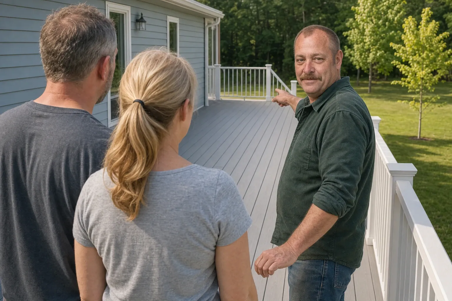 Jim Hutchins points at a gray deck with white railing attached to a blue house as a man and woman stand nearby.