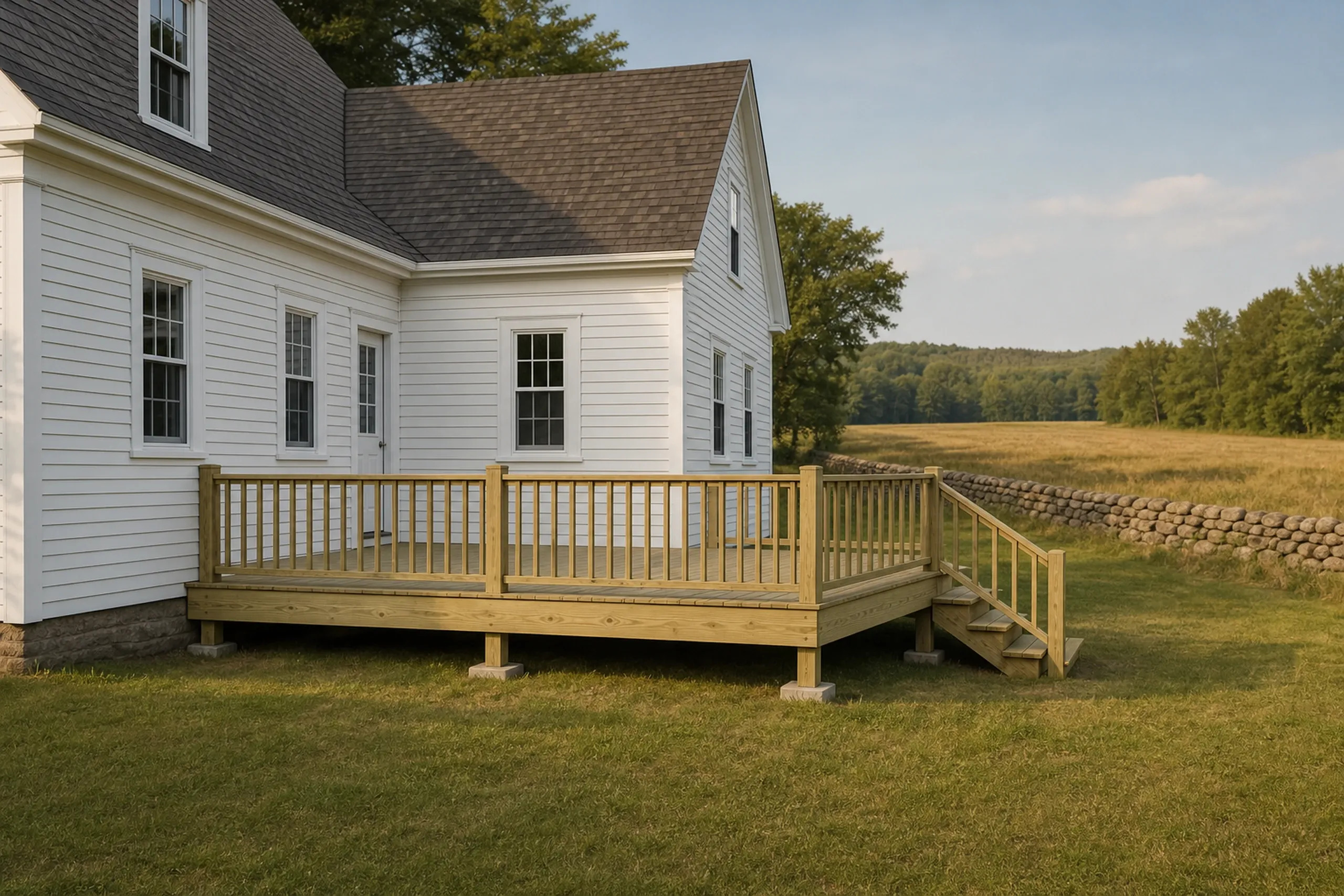 White house with multiple windows has a raised wooden deck with railing and stairs, surrounded by grass and trees.