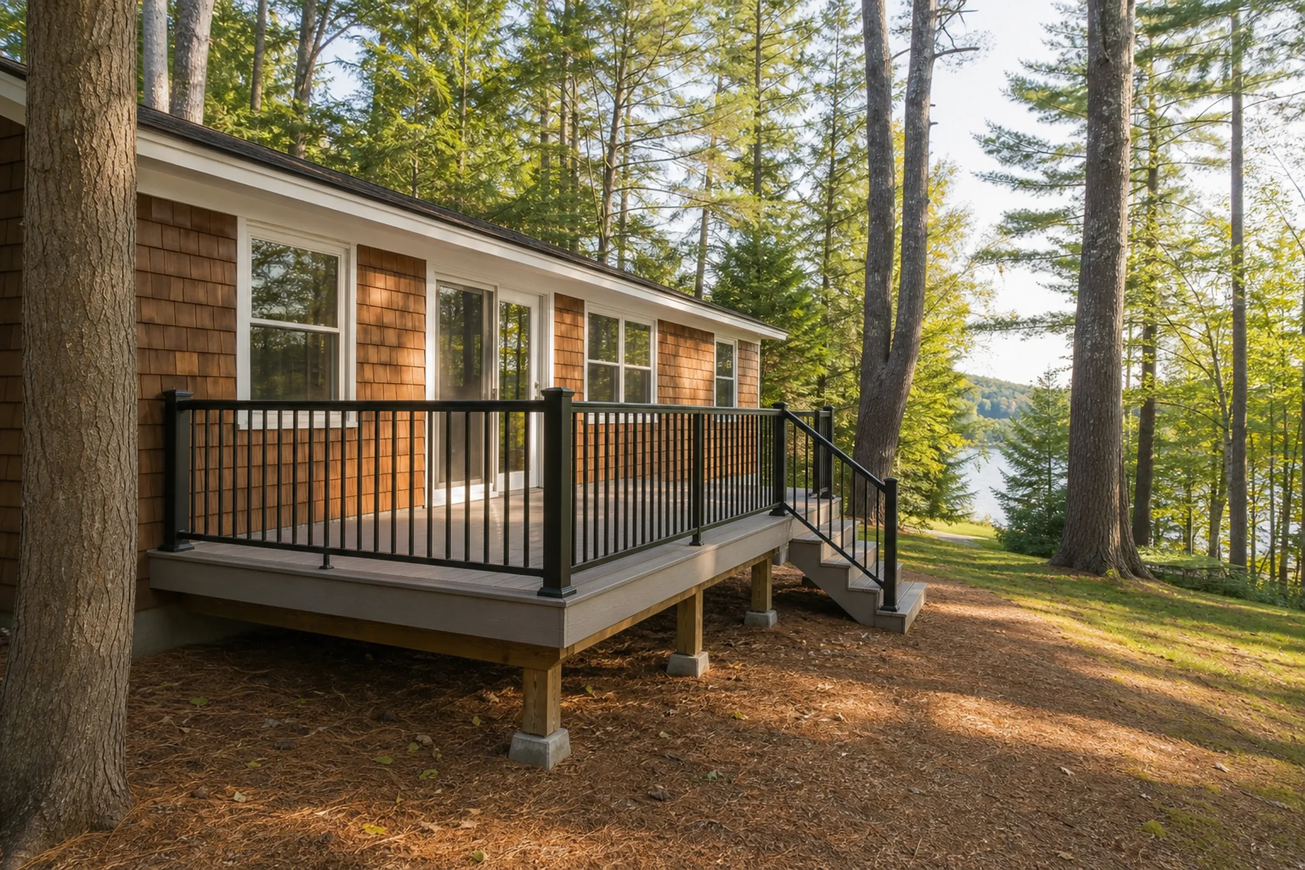 A wooden deck with black metal railing attached to a brown shingle house with three people visible through the windows.