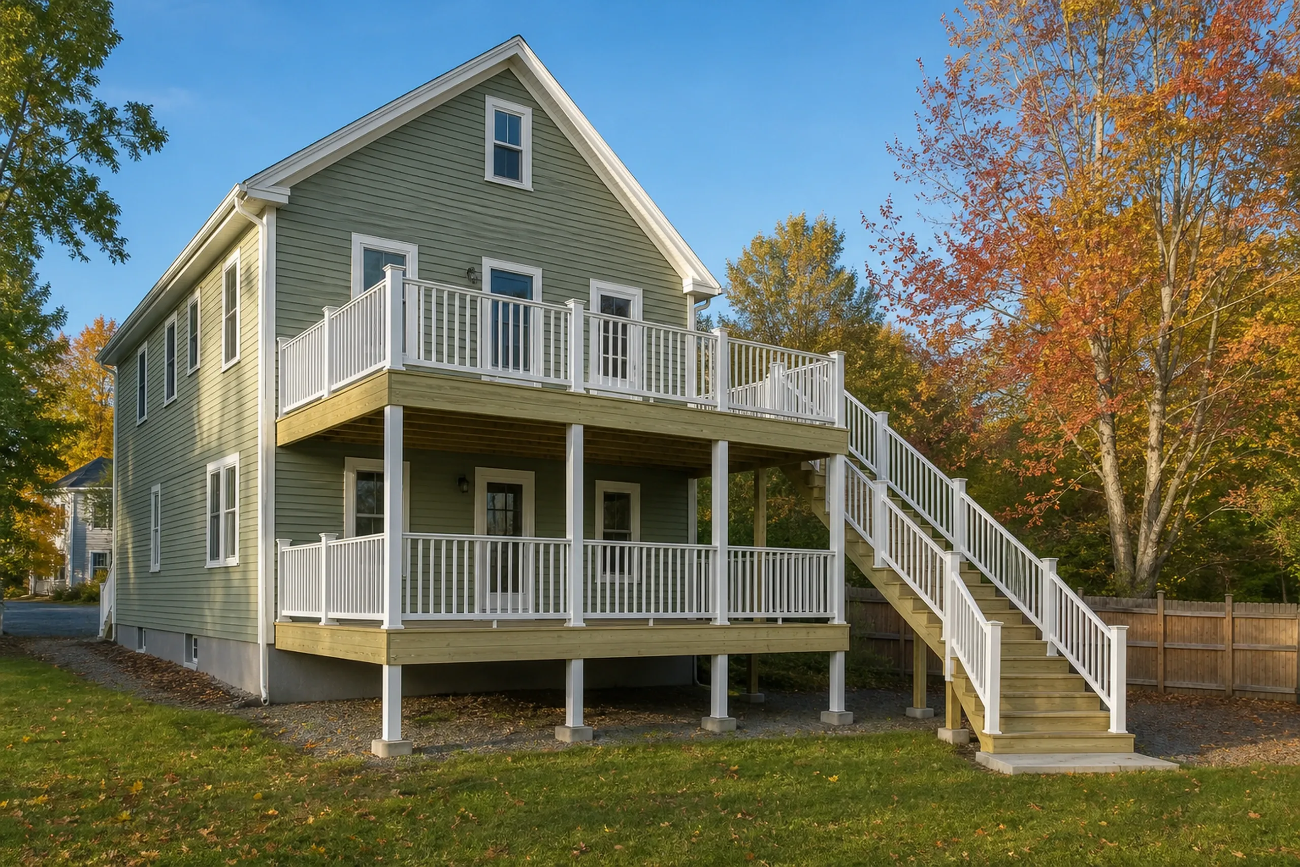 Two-story green house with white double-deck railings and stairs; two men stand on the upper deck on a sunny autumn day.