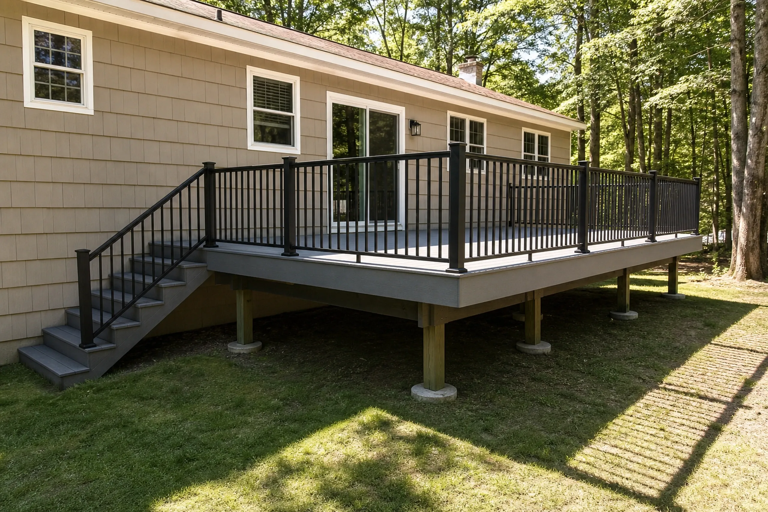 Elevated gray deck with black metal railing and stairs attached to beige house with sliding door and two windows in a wooded backyard.