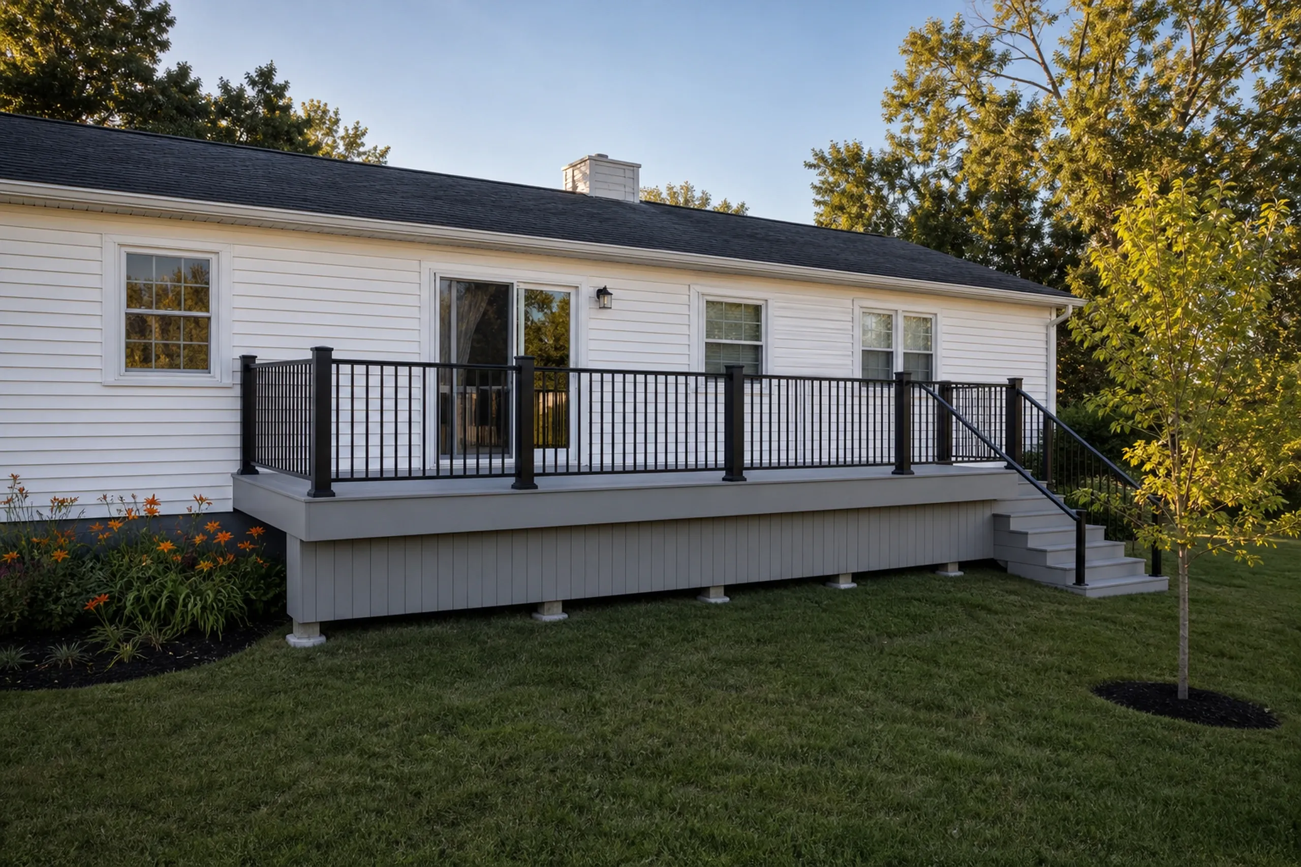 A gray elevated deck with black metal railing and stairs attached to a white single-story house with three windows and two people inside.
