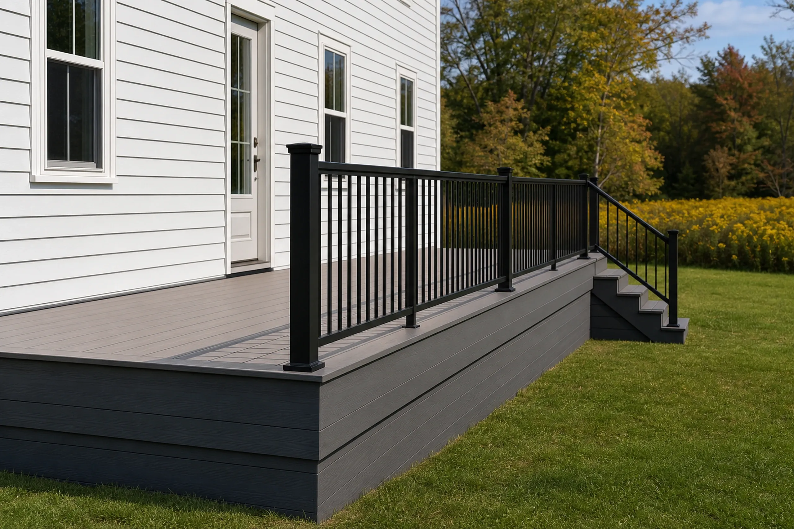 A raised grey deck with black metal railing attached to a white house with three windows and a door, surrounded by green grass.