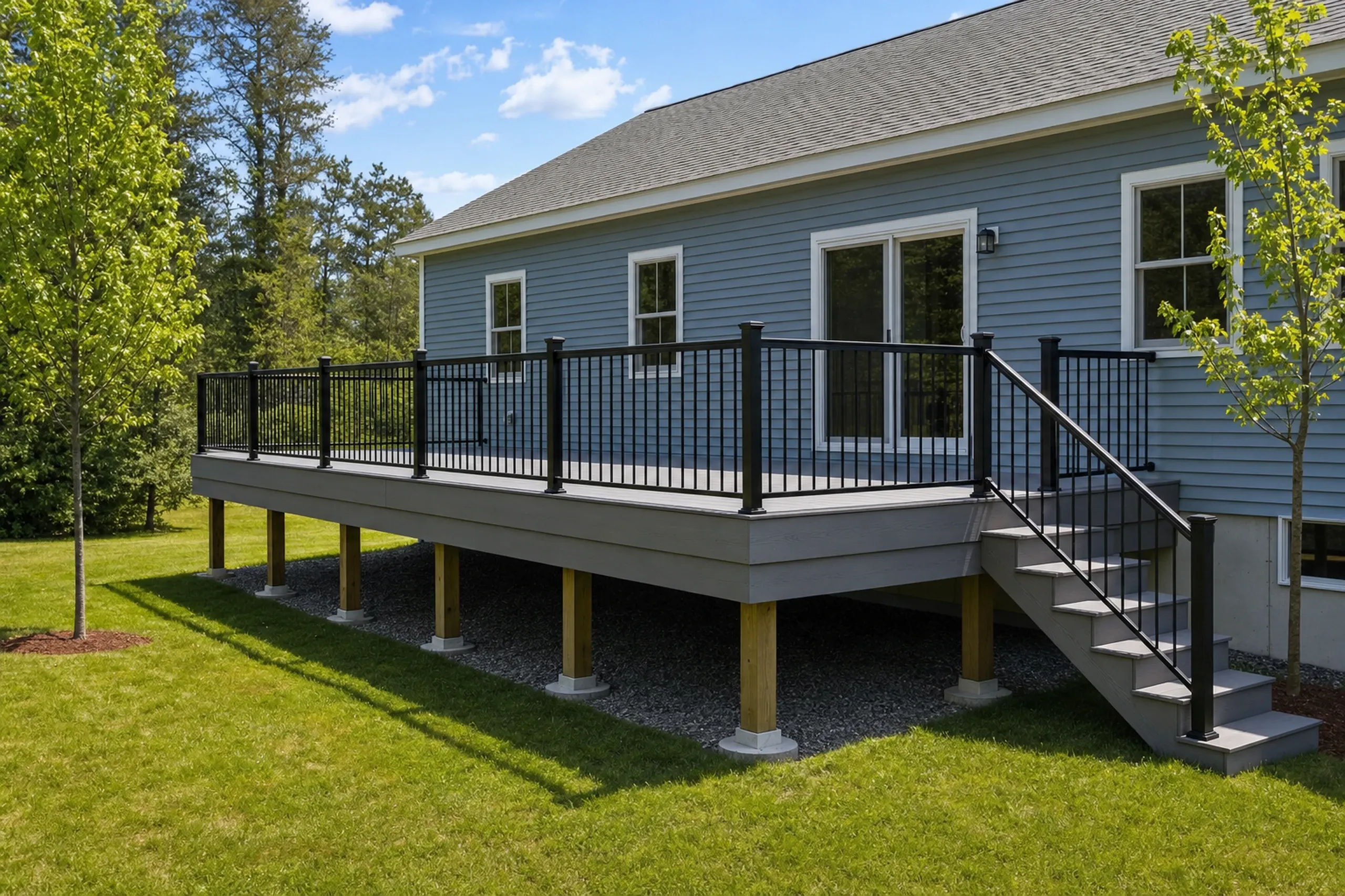 Composite decks: Raised gray deck with black metal railing and stairs attached to a blue house with sliding glass door and three windows; grass and trees nearby.