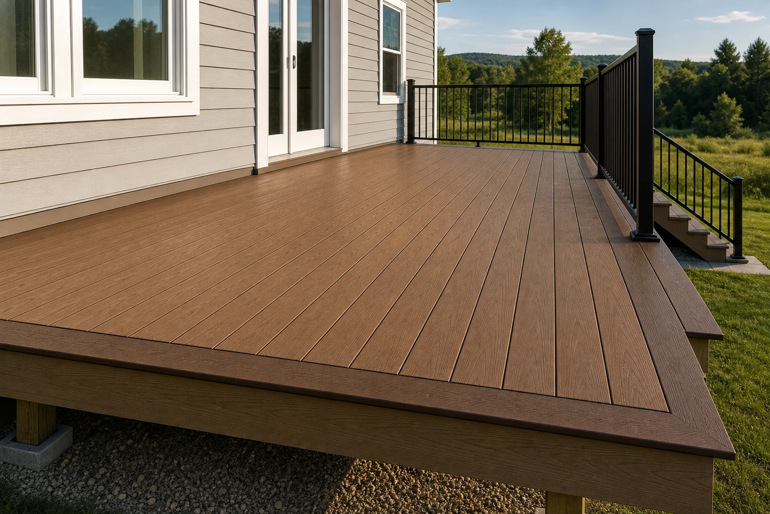 A brown wooden deck with black metal railing attached to a beige house, overlooking a grassy yard with hills; no people visible.