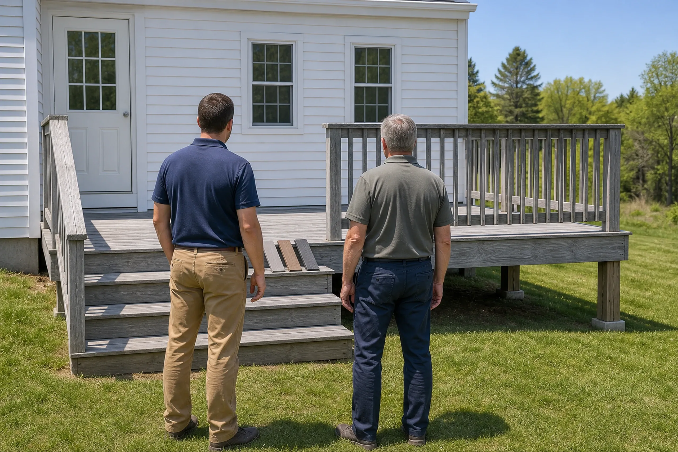 Two men stand on grass facing a wood deck with railing, stairs, and a white house with three windows and a door.