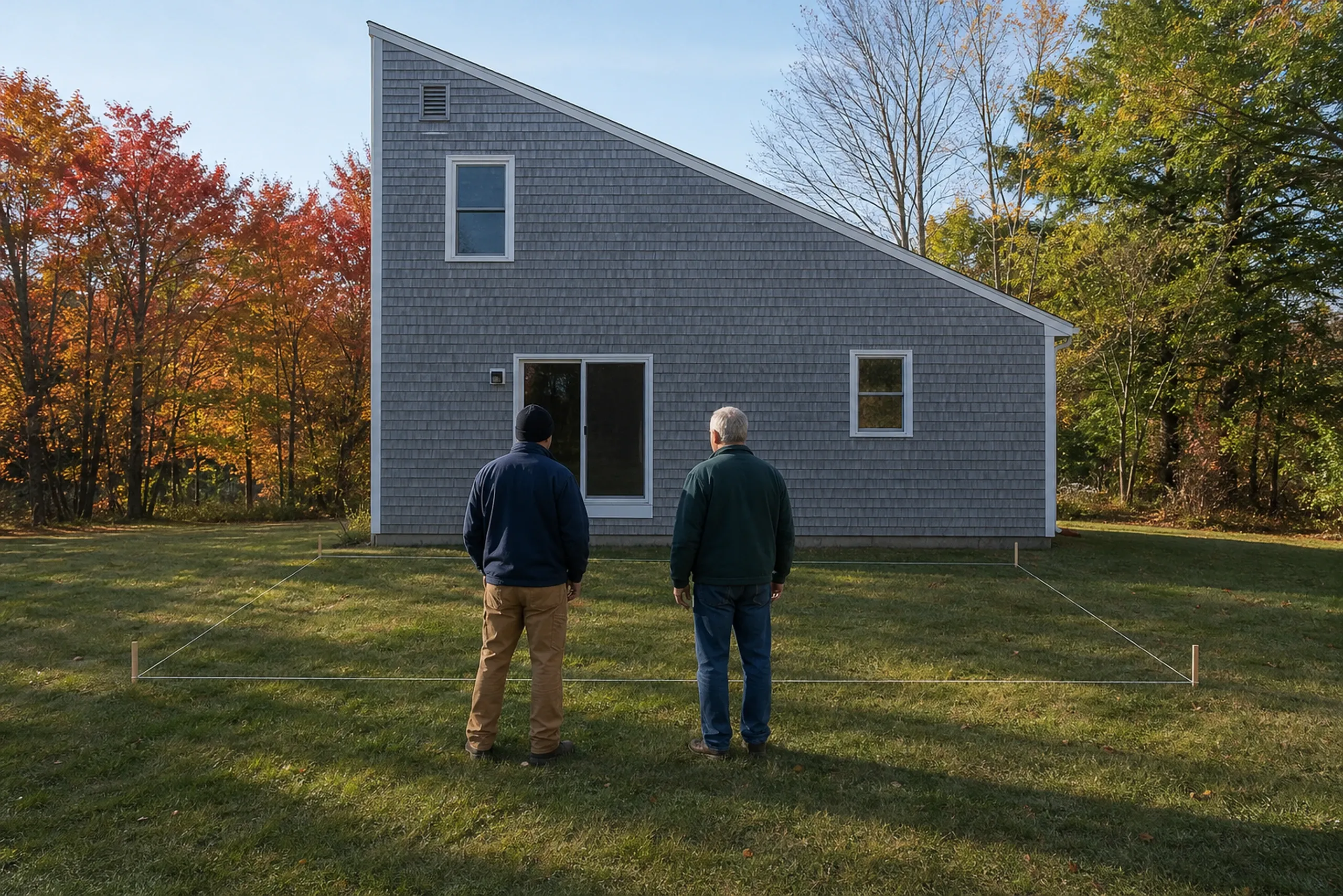 Two men stand on grass in front of a gray, shingled house with a sloped roof and sliding glass door.