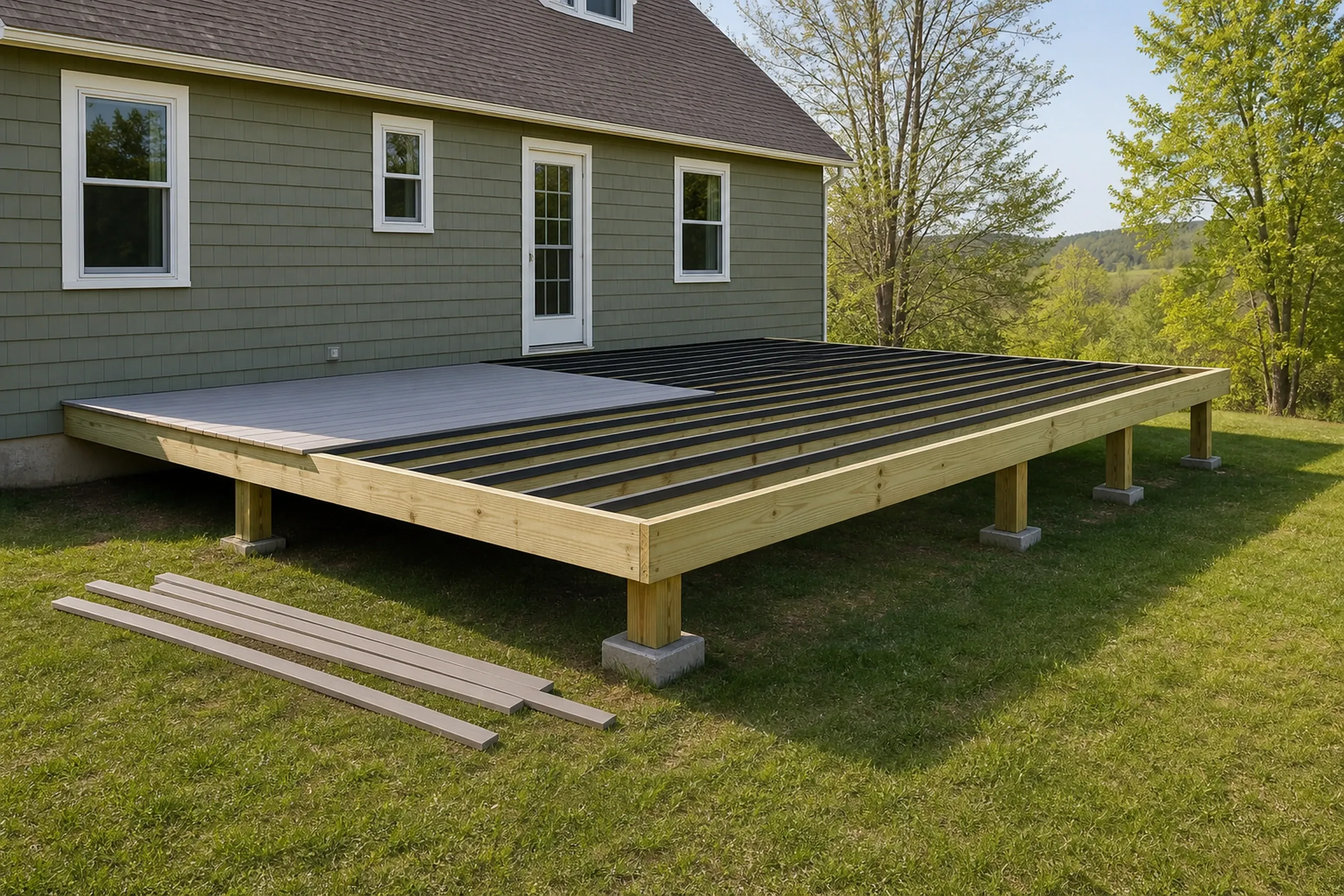 An unfinished large wooden deck frame with some boards installed rests next to a green house with white trim; no people are visible.