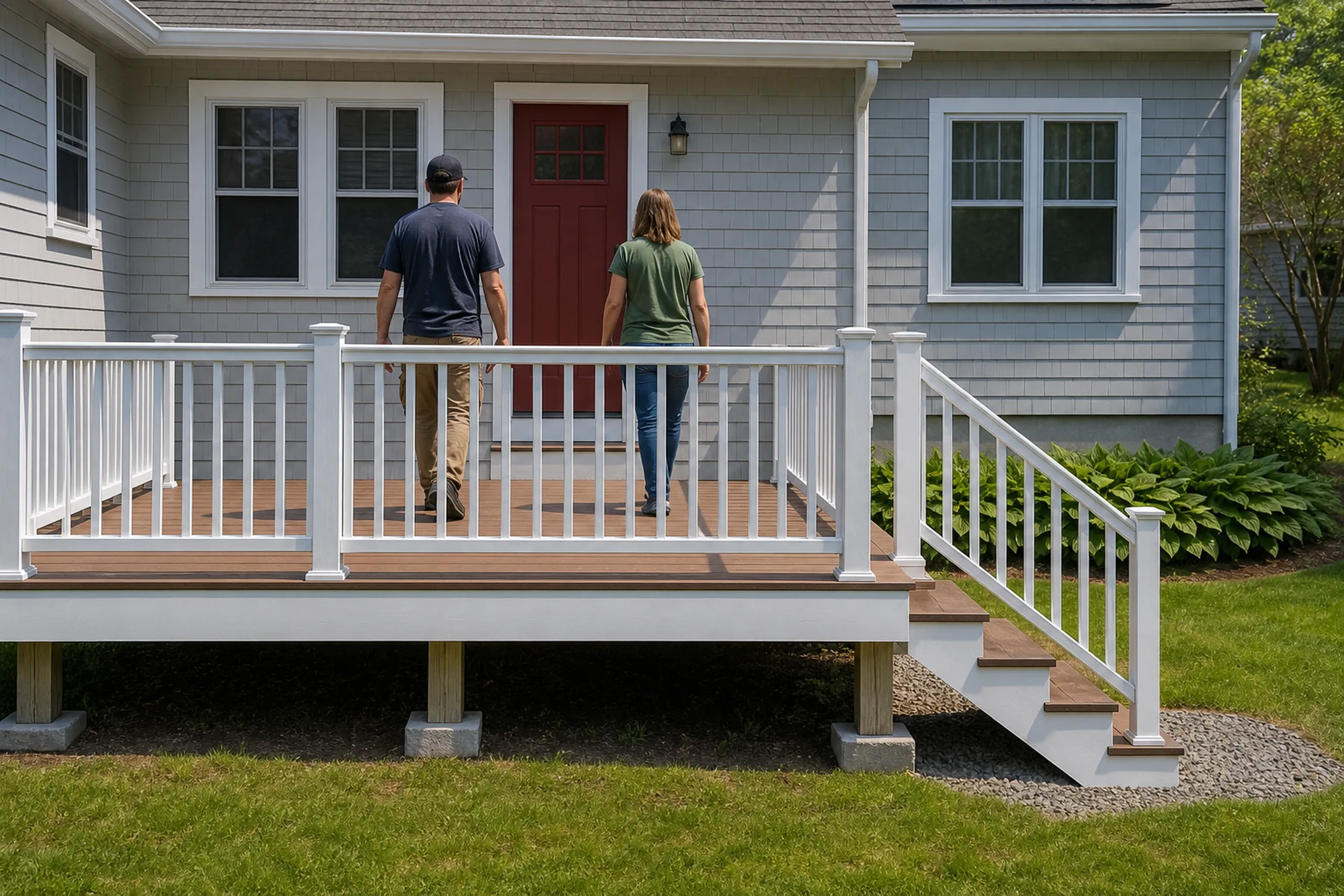 Two people walk on a brown wooden deck with white railing in front of a gray house with a red door and windows.