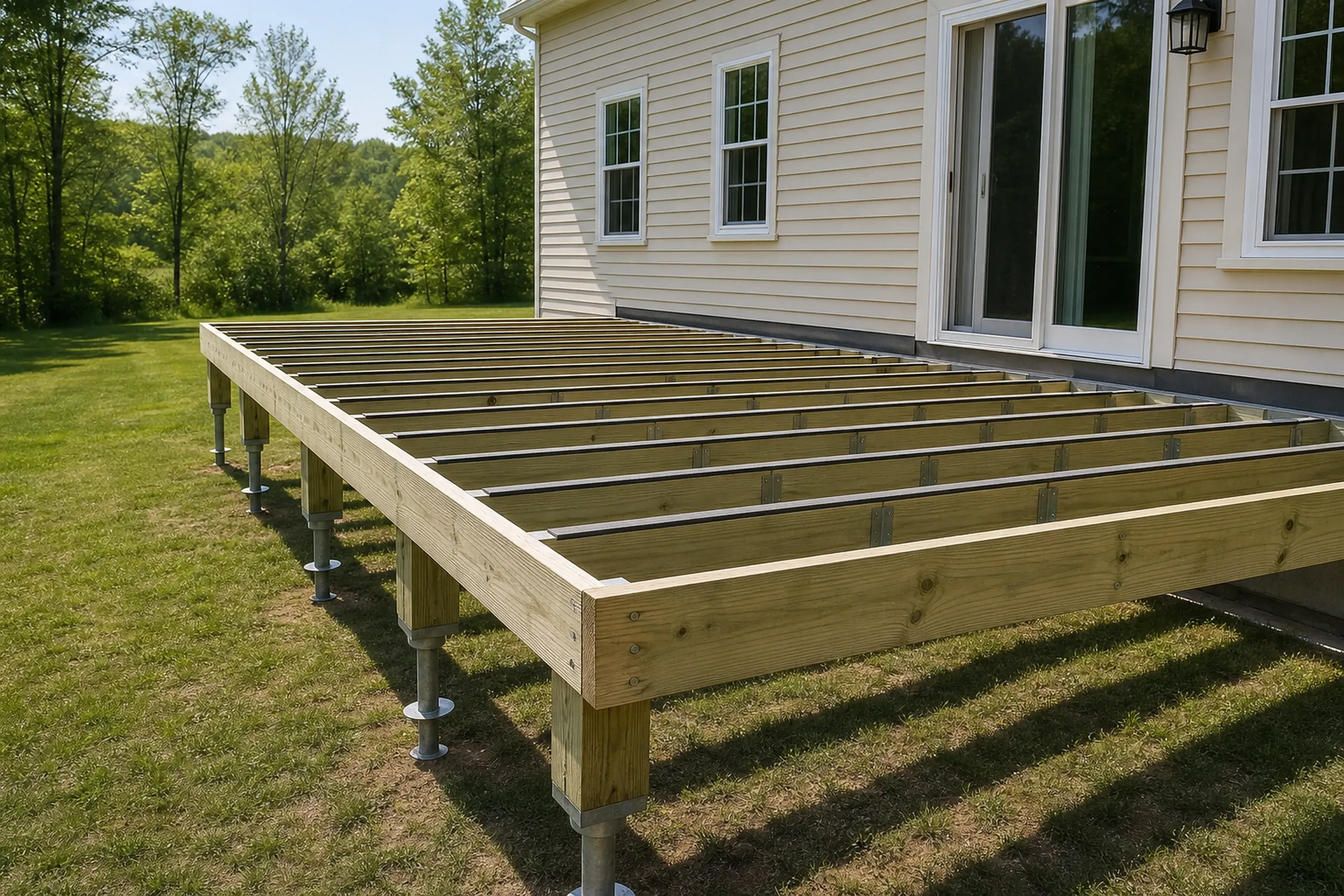 House with beige siding and white-framed windows has an unfinished wooden deck frame with no railing on a green lawn.