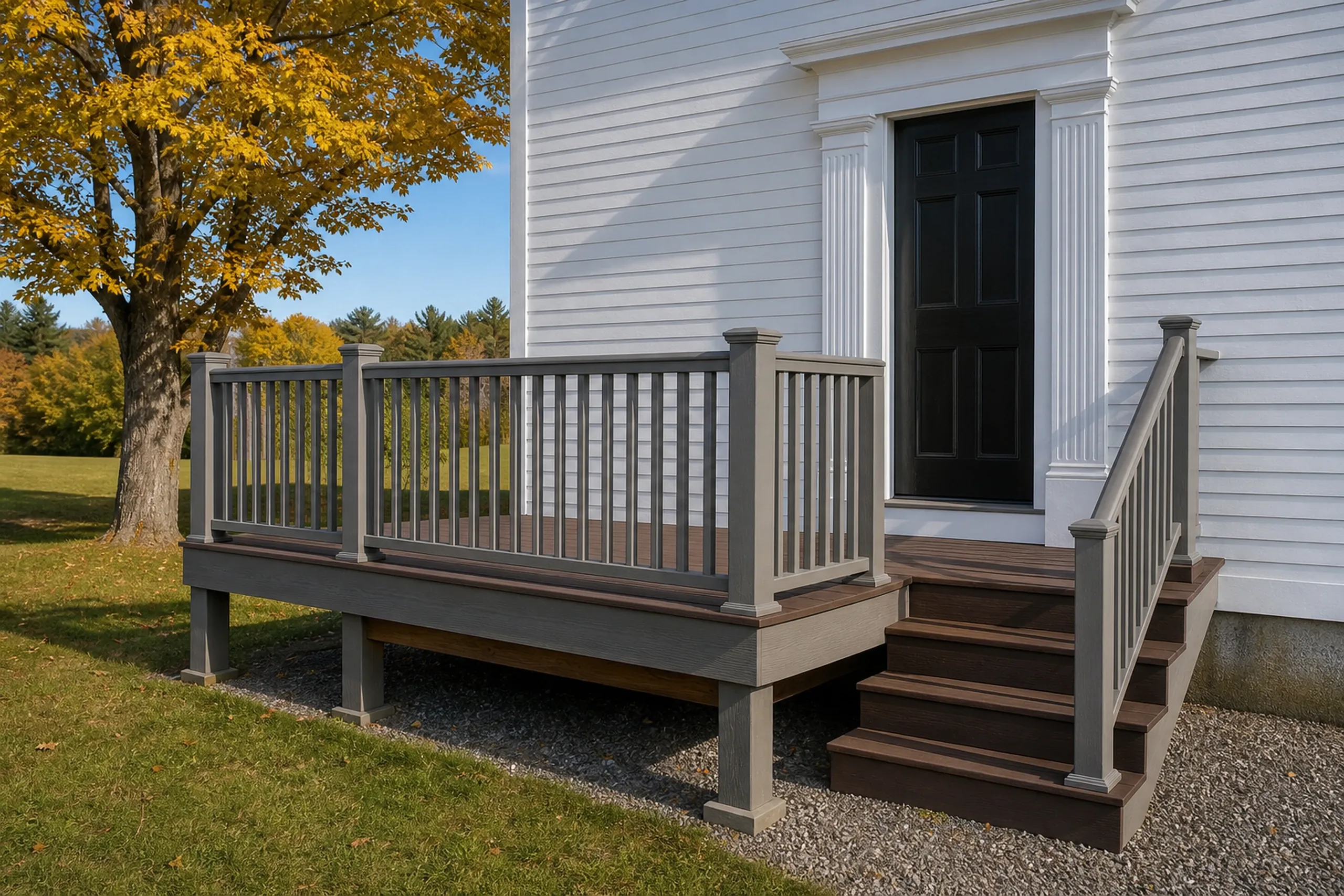 Small brown deck with gray railing and steps leads to a white house with a black door, next to a tree with autumn leaves.