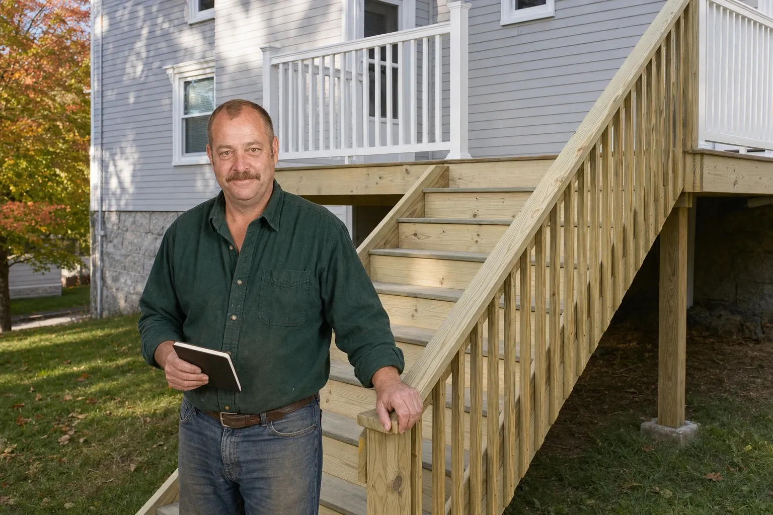 Jim Hutchins standing at the foot of a new pressure-treated back stair behind a Lewiston two-family house, one hand on the wood handrail, a folded notepad in the other, the new deck above with a white aluminum railing, early fall