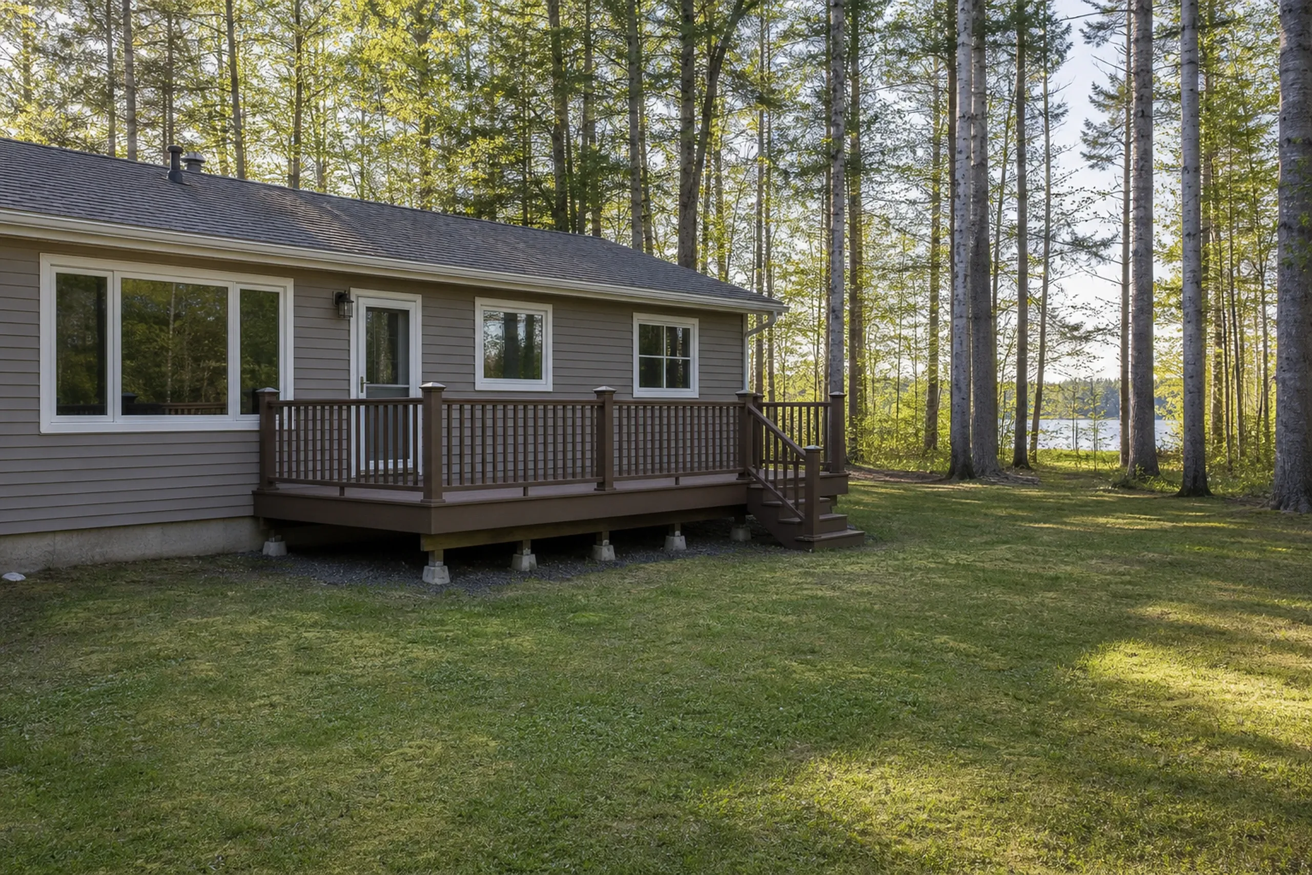 Gray house with a brown wooden deck and railing, two steps, surrounded by grass and tall trees, with a lake in the background.
