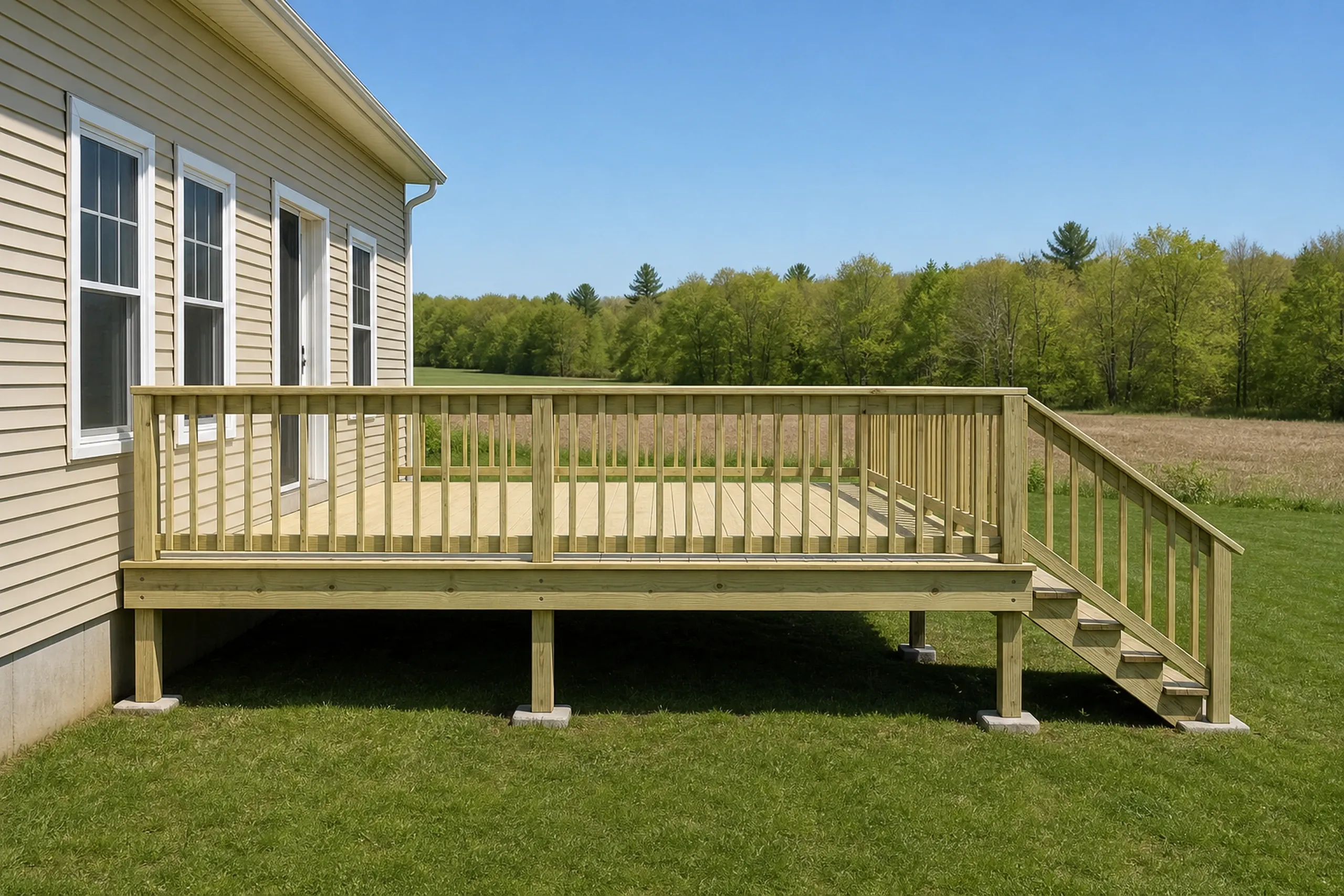 Wooden deck with vertical railing and stairs attached to beige house, overlooking grassy yard and forest in the background.