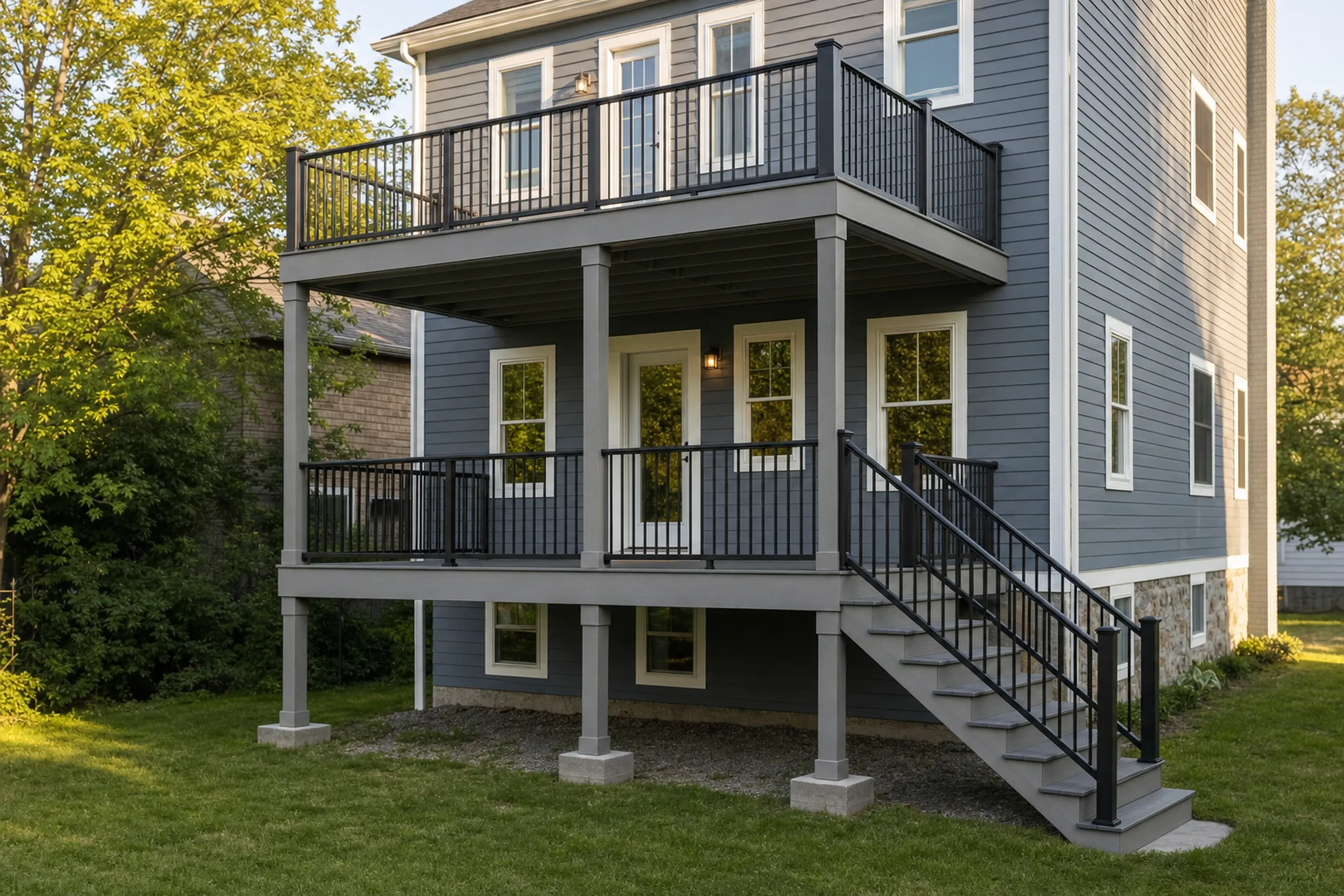 Deck builders in auburn, me: Deck builders auburn ME: Two-level gray deck with black metal railing attached to a blue house; no people visible.