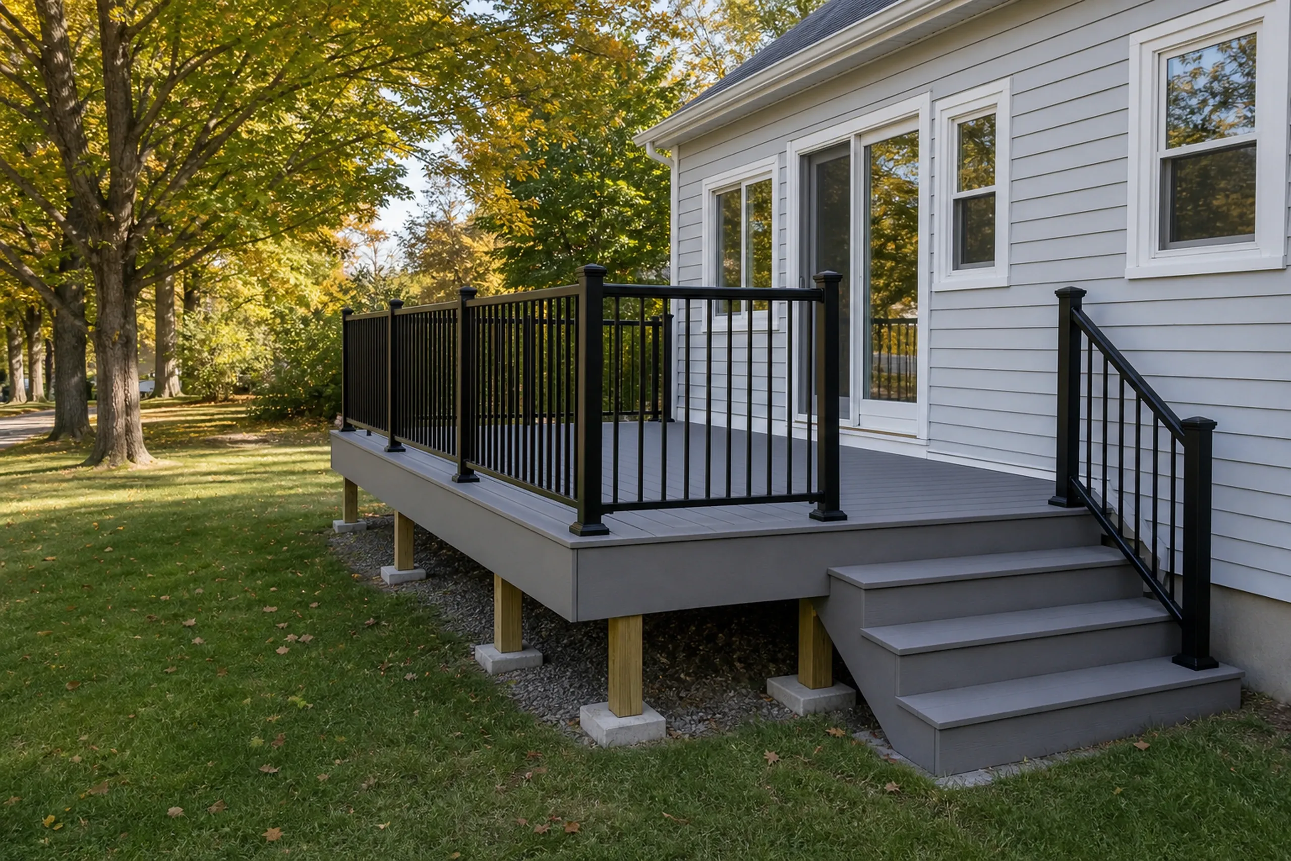 Gray elevated deck with black metal railing and stairs attached to a light gray house with white-trimmed windows and glass door.