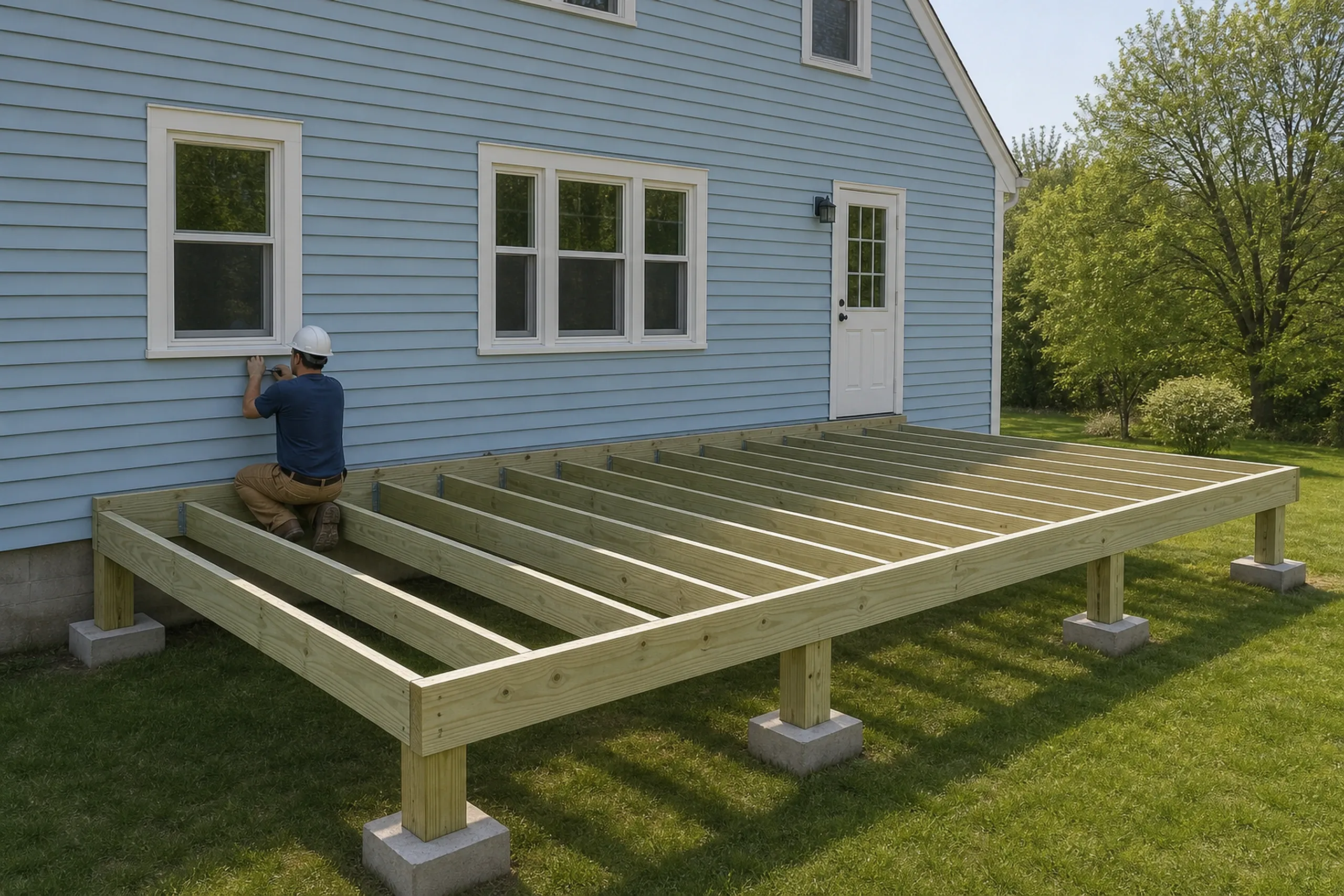 A man in a white helmet works on a blue house next to an unfinished wooden deck frame with no railing on a grassy lawn.