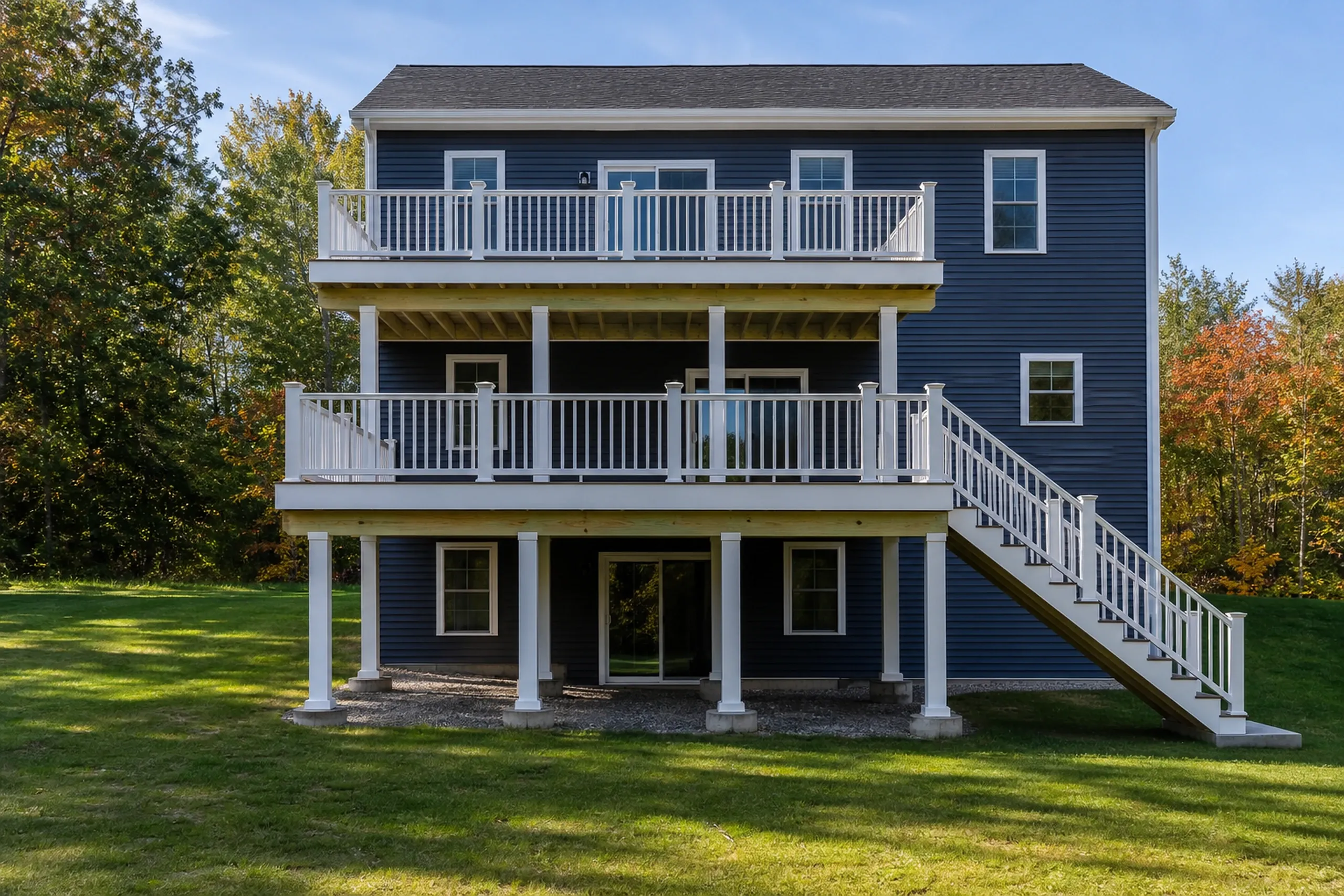 Rear view of a blue two-story house with two white-railed decks and stairs on a grassy lawn, no people visible.