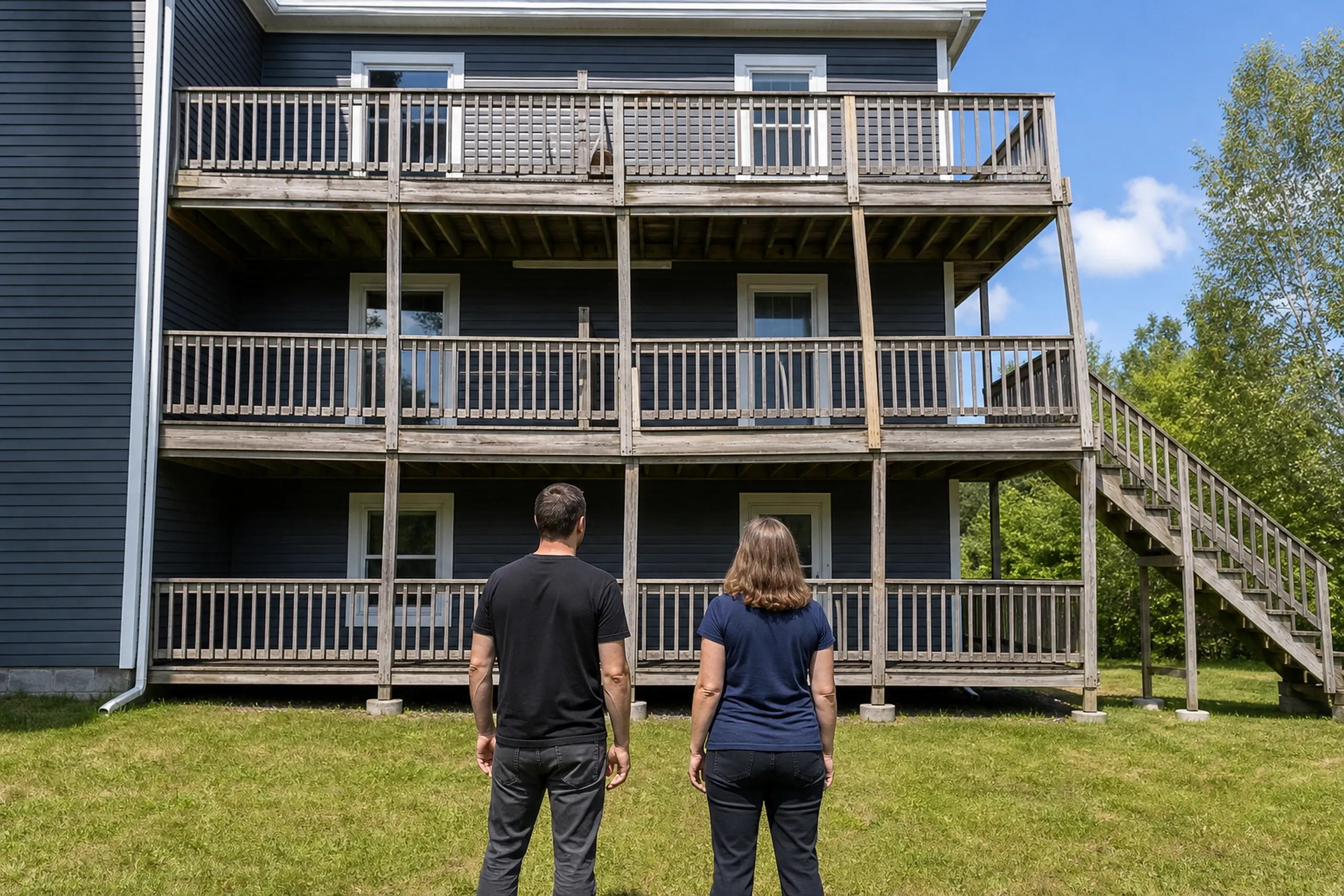 Two people stand on grass facing a blue three-story house with wooden decks and railings and an exterior staircase on the right.