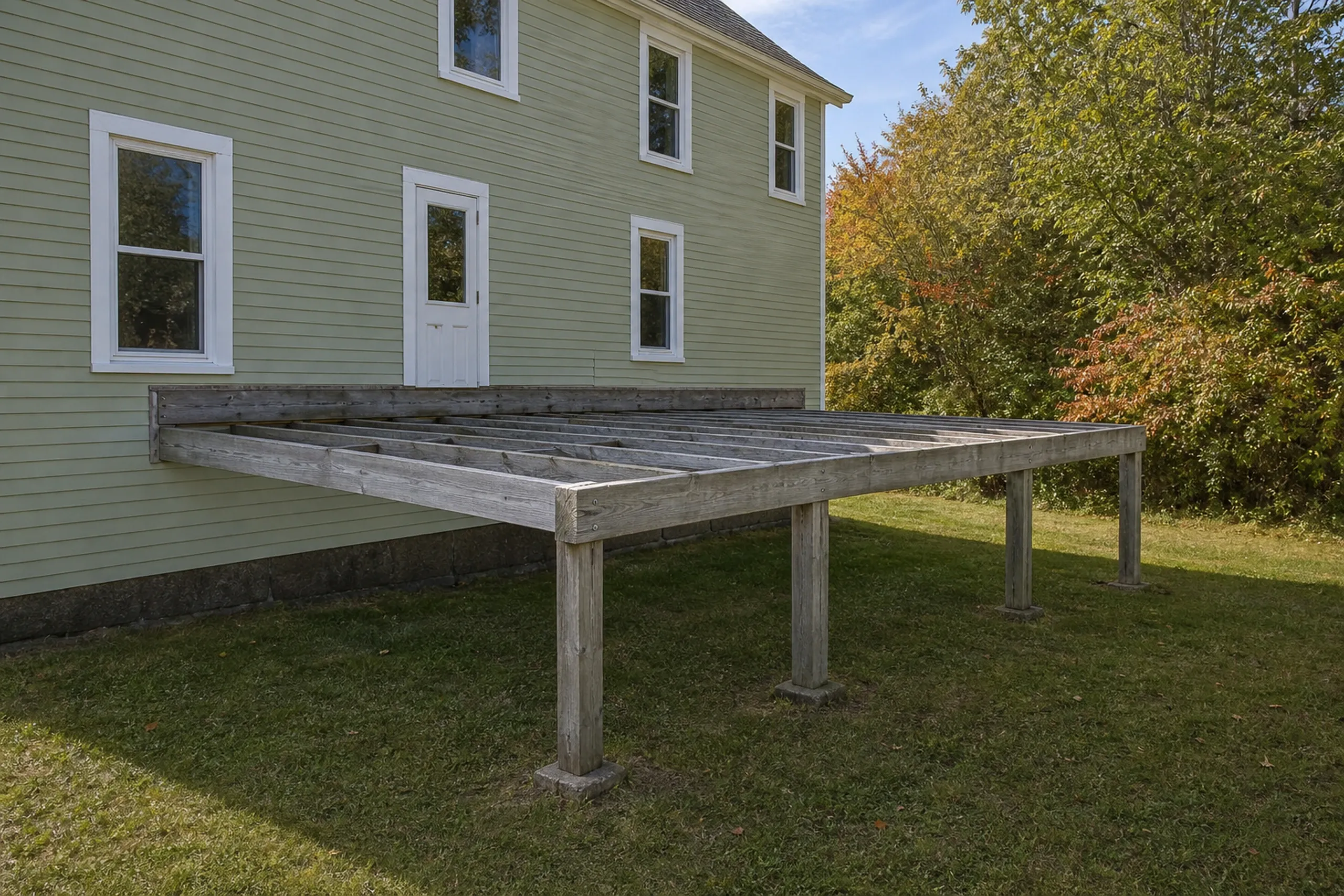 Green two-story house with white trim, an unfinished wooden deck frame without railing, and no people visible outside.