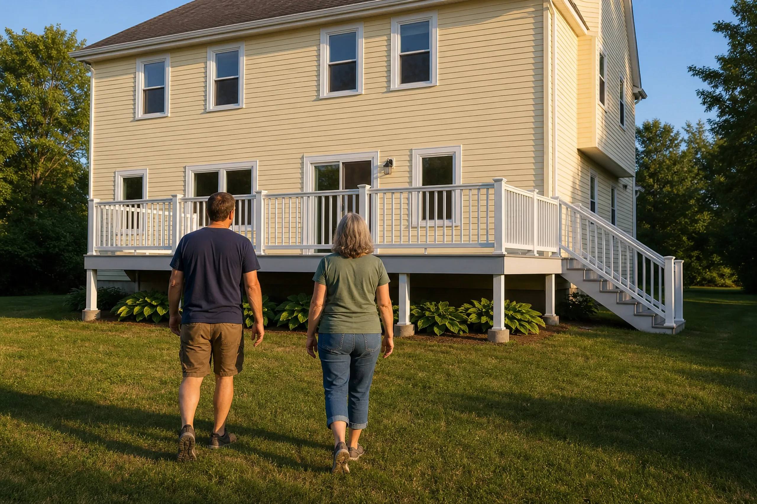 Two people walk toward a beige two-story house with white-railing deck and stairs on a green lawn in daylight.