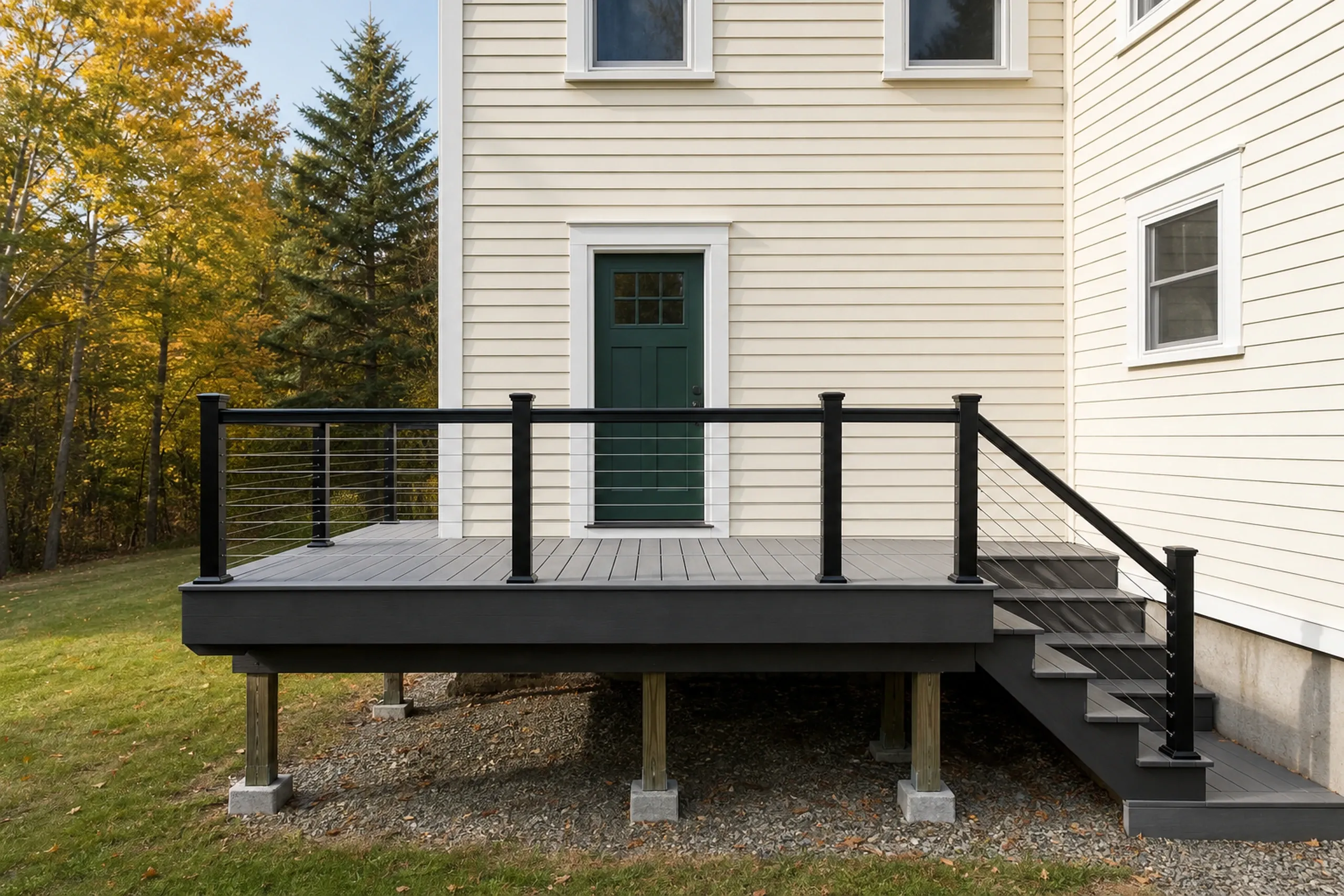 Raised gray deck with black cable railing and stairs, attached to cream-colored house with green door and two windows; no people visible.