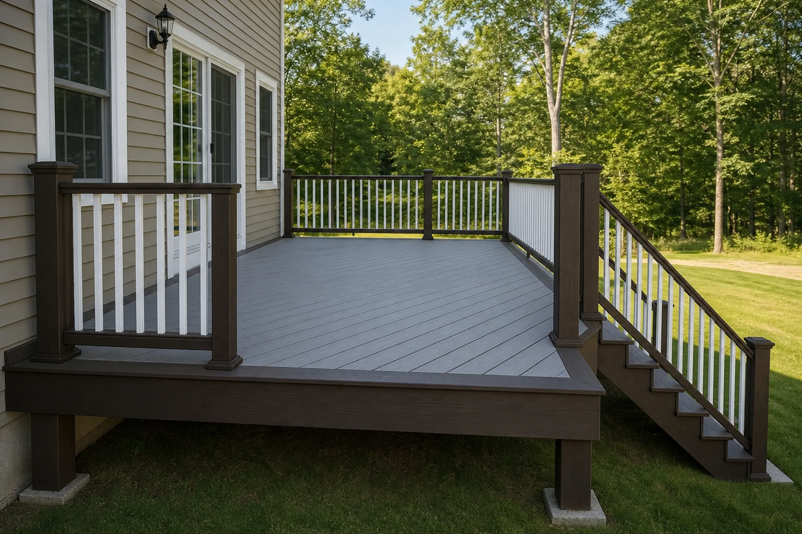 Empty wooden deck with dark brown and white railing, attached to beige house, overlooking green lawn and trees. No people visible.