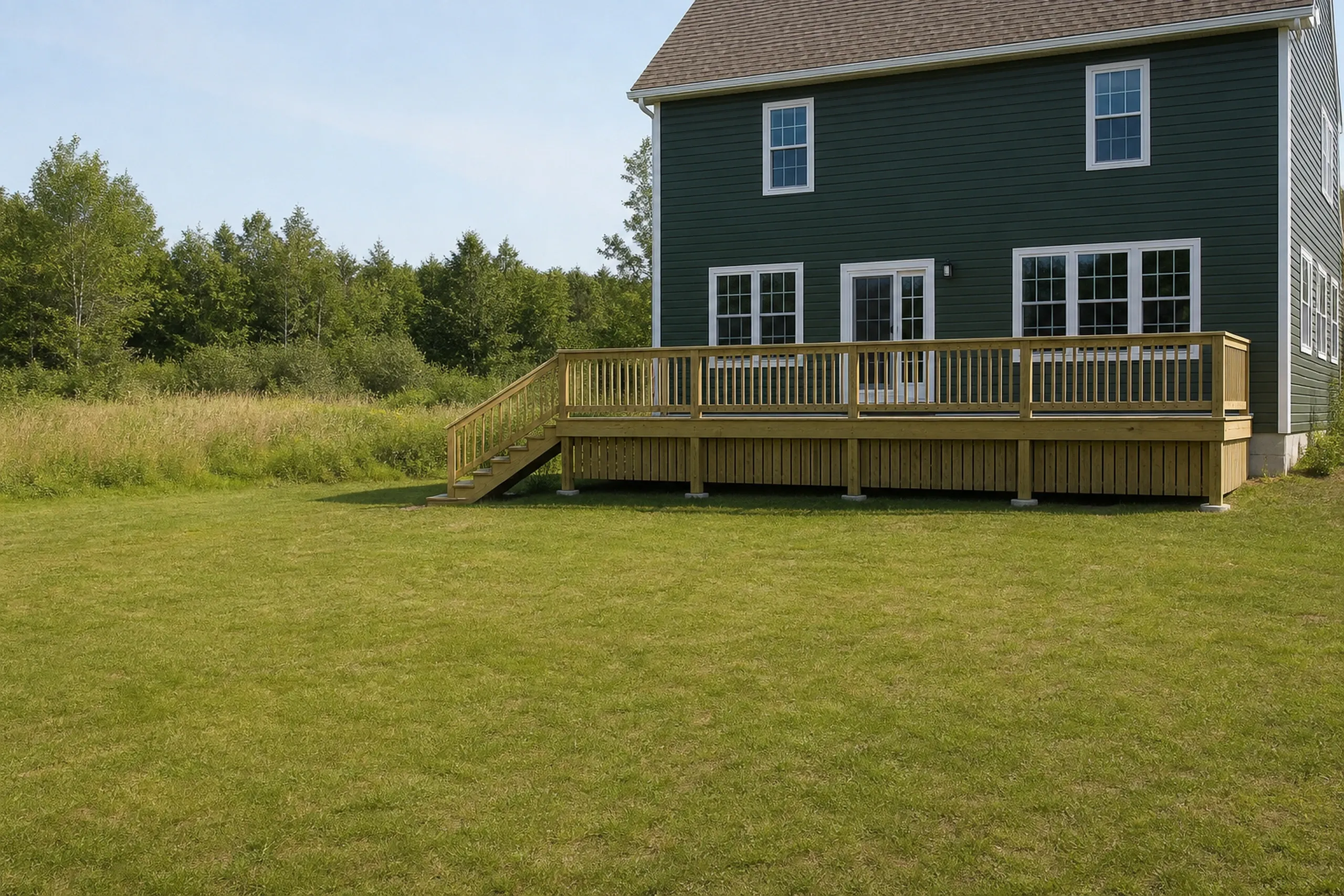 A green two-story house with white windows and doors has a wooden deck with railing and stairs; two people stand on the deck.