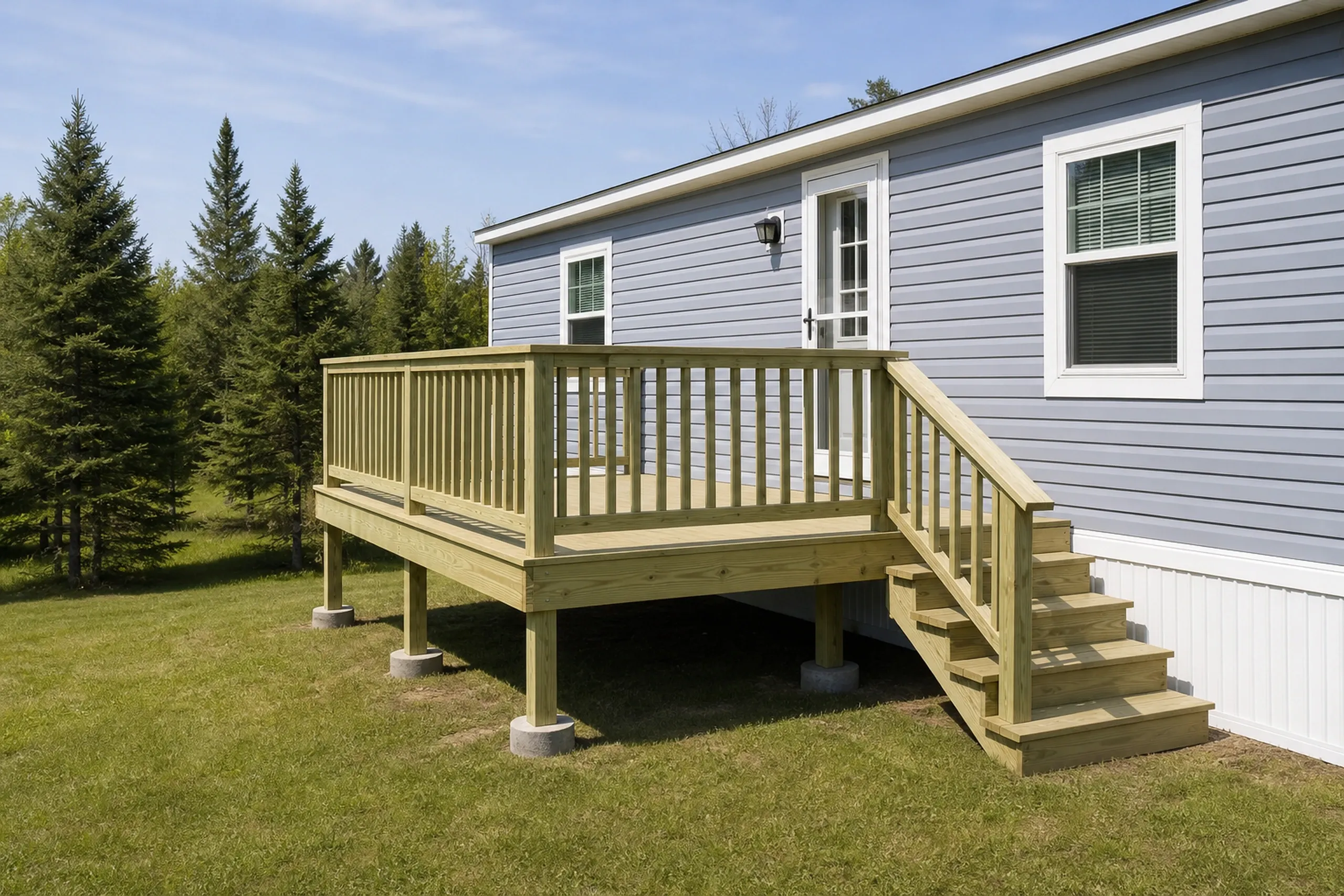 Wooden deck with vertical railing and stairs attached to light blue house with white trim, set on grass with evergreen trees nearby.