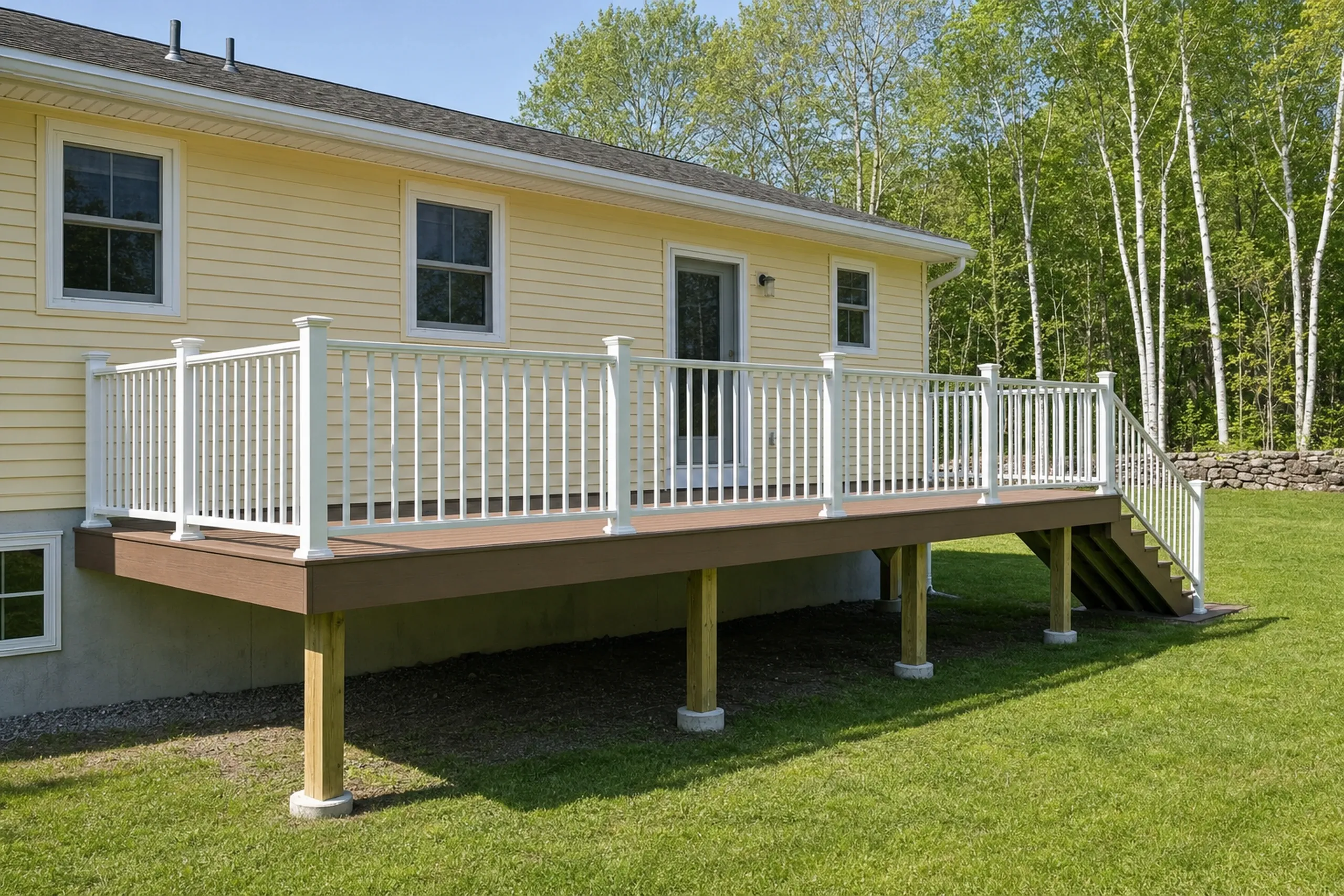 Deck builders in bowdoin, me: Deck builders bowdoin ME: Elevated brown deck with white railing attached to yellow house with stairs, lawn, and trees in background.