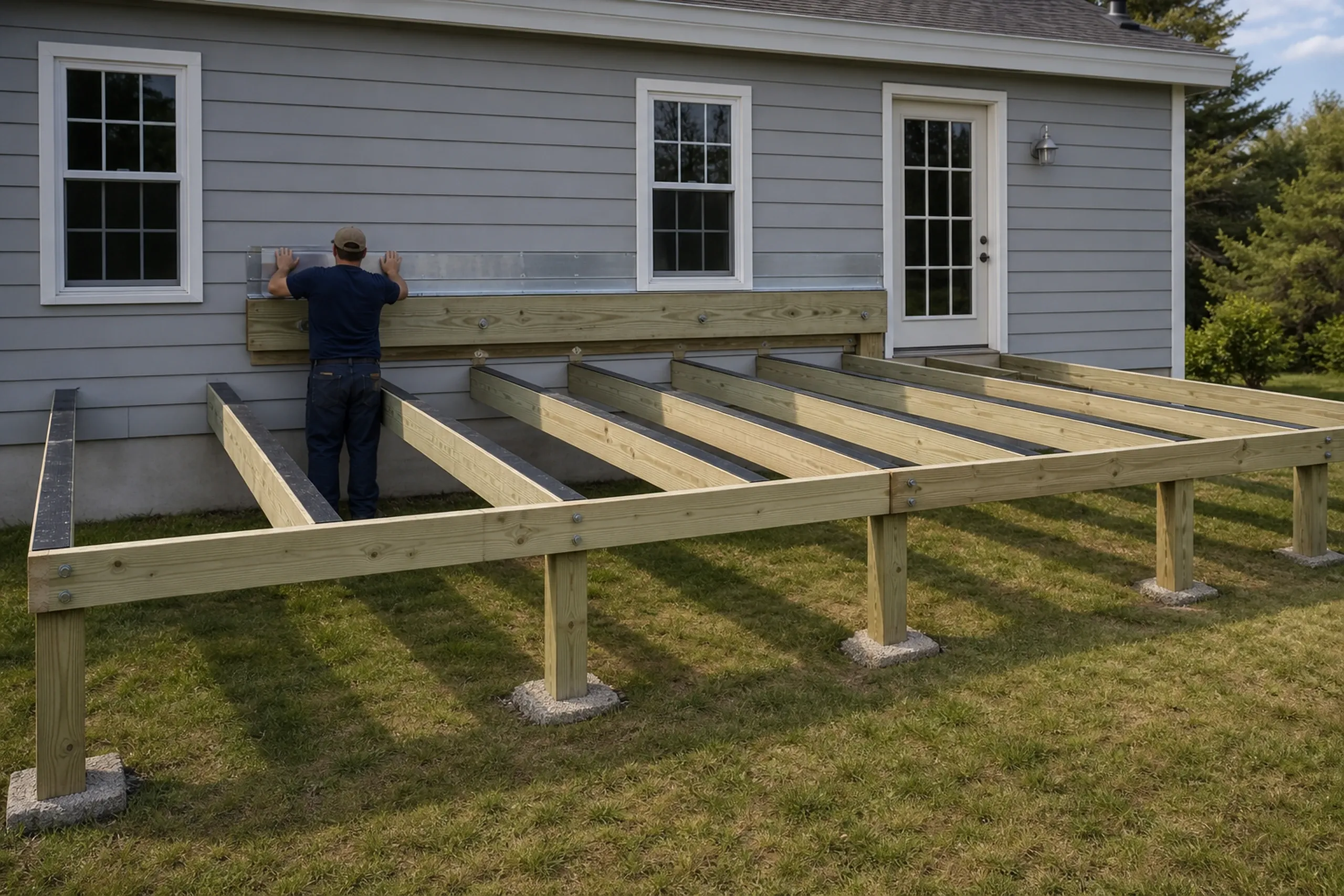 Man stands on grass next to partially built wooden deck frame attached to gray house with white door and two windows.