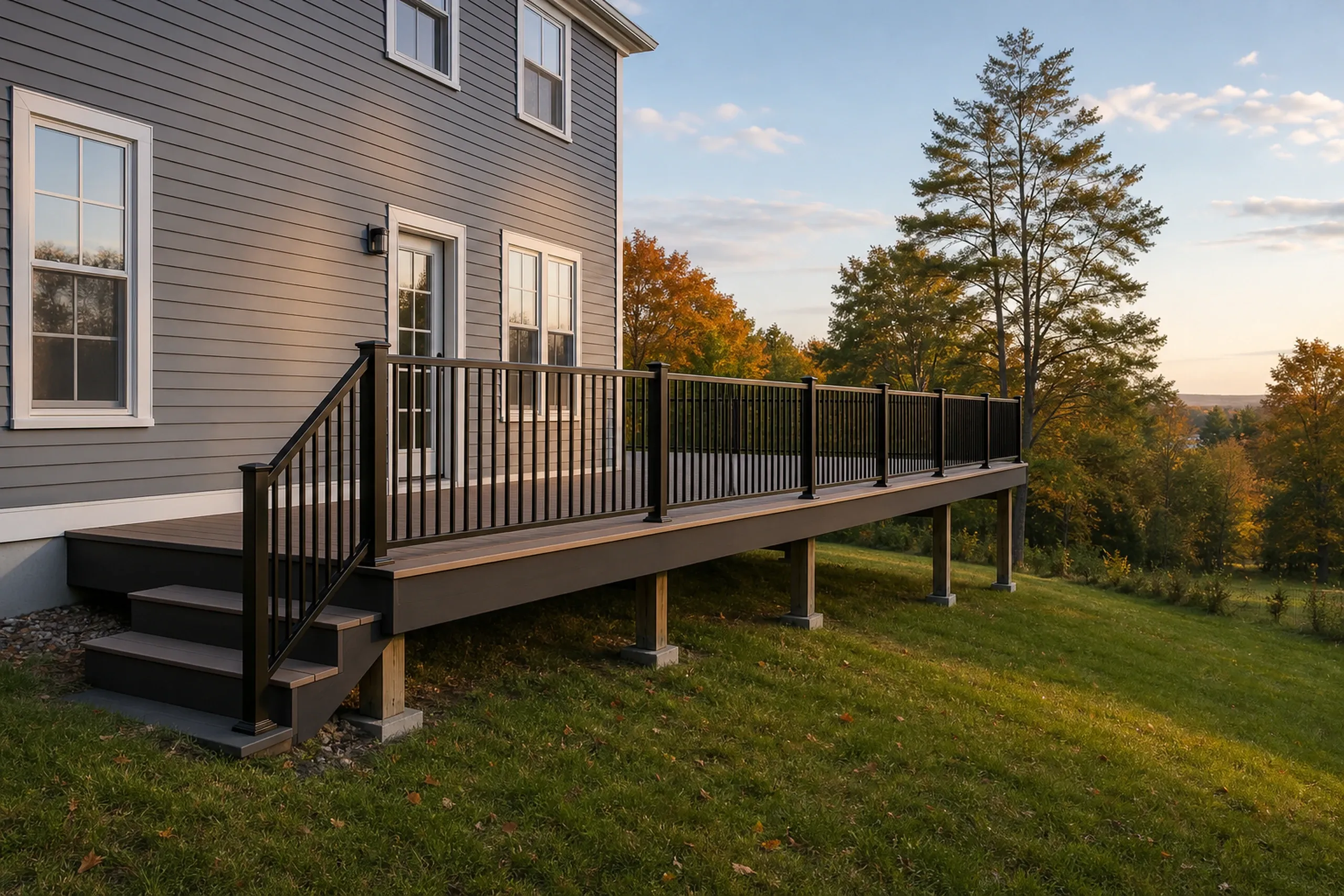 A gray two-story house with white trim has a raised brown deck with black metal railing and three steps leading to grass.