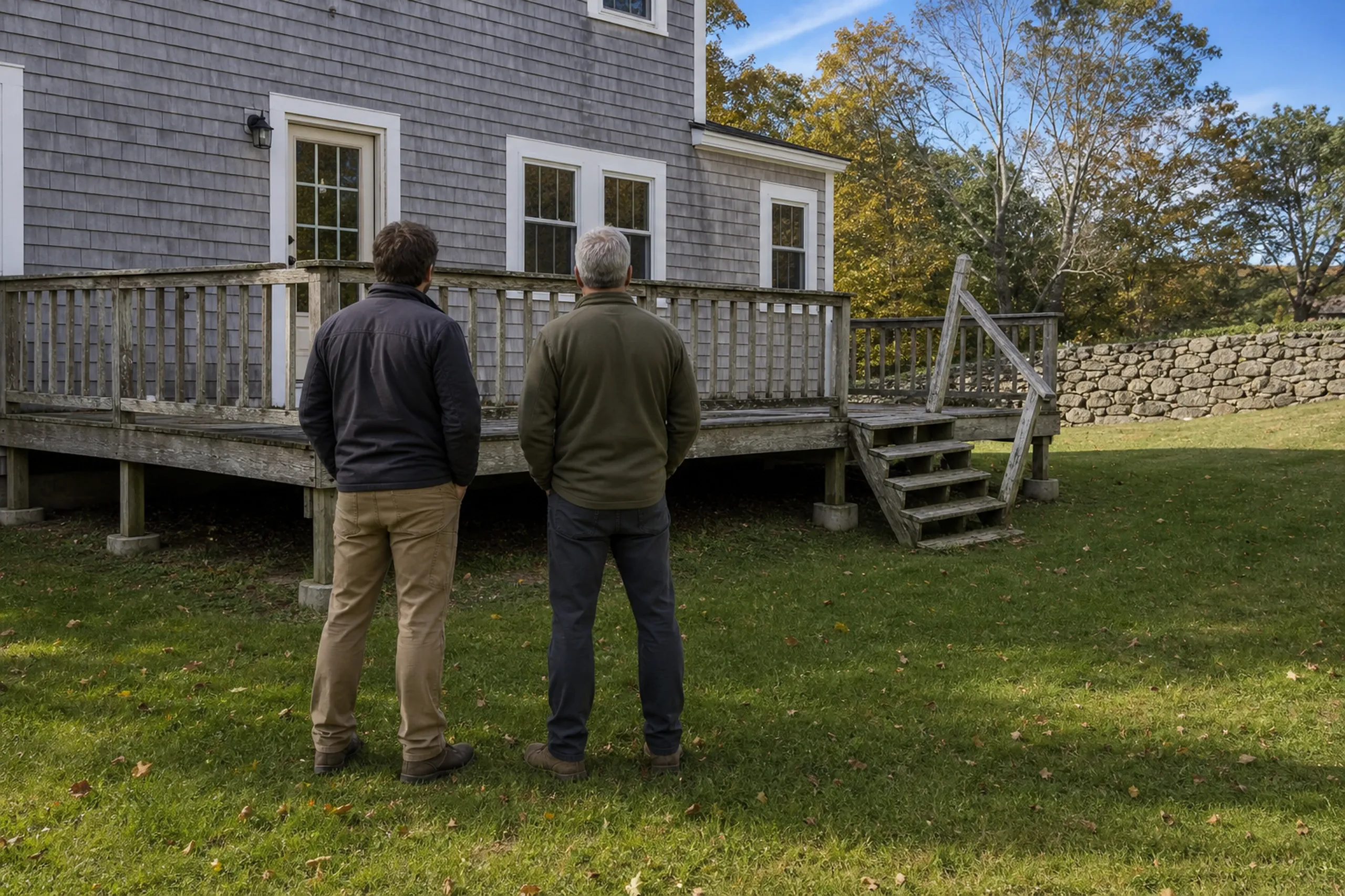 Two men stand on grass facing a gray shingle house with a wooden deck, railing, and stairs on a sunny day.