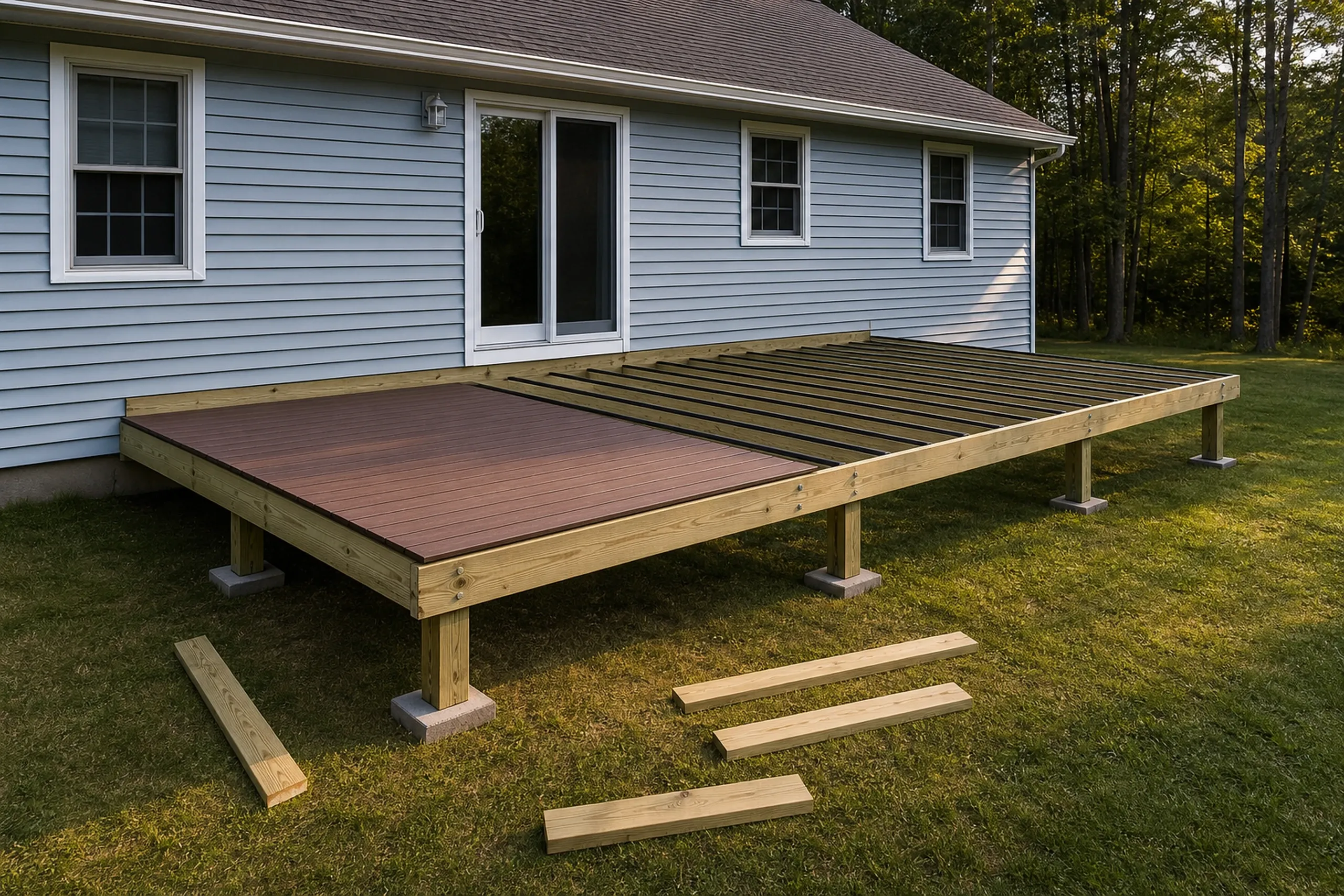 A partially built wooden deck without railing extends from a gray house with white-framed windows and a glass door.