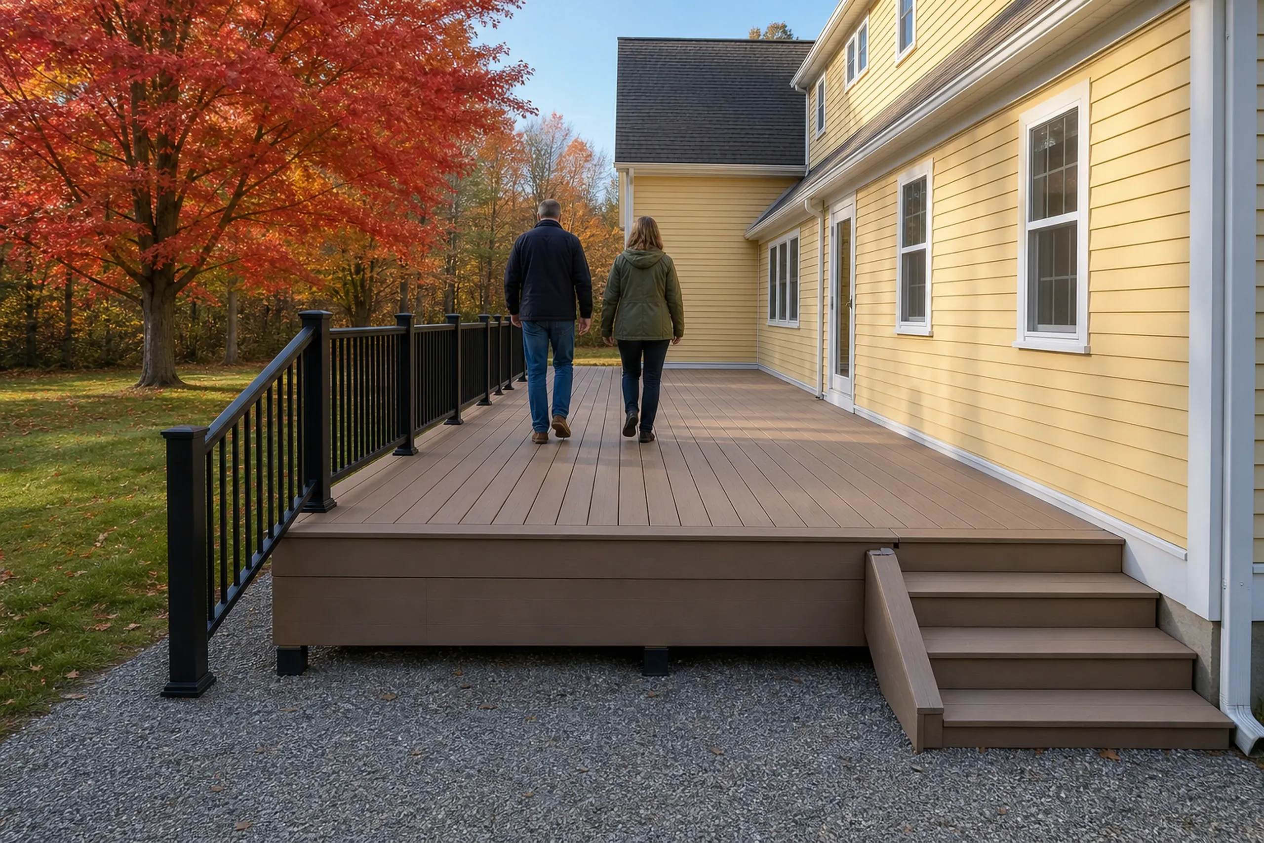 A brown wooden deck with black metal railing beside a yellow house, with a man and woman walking away on the deck.