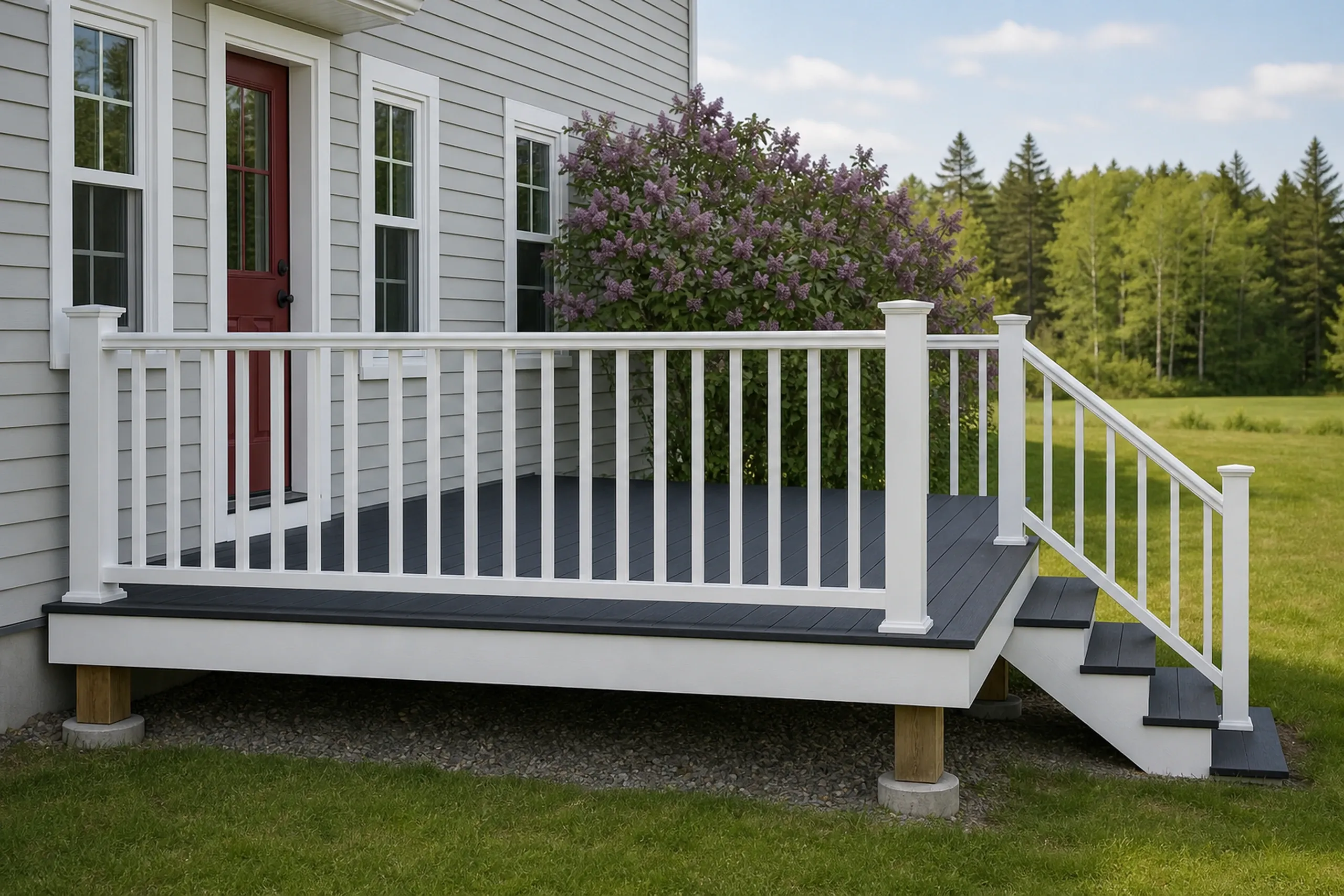 A gray deck with white railing and steps attached to a gray house with a red door and windows, next to a blooming lilac bush.