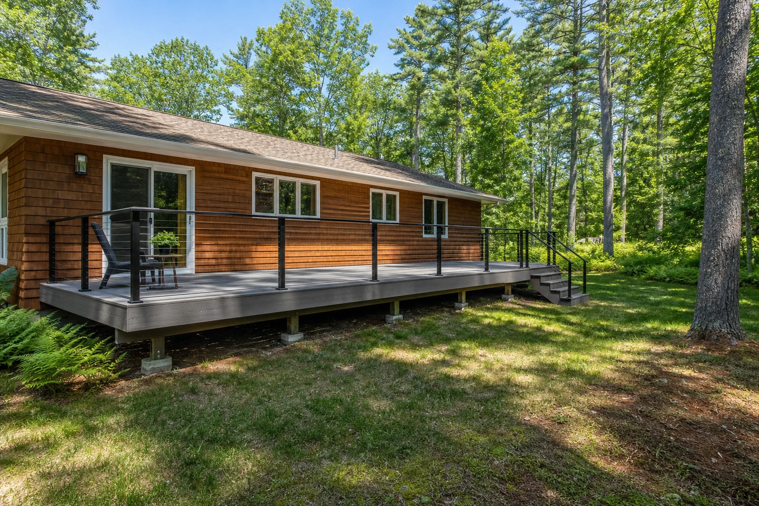 Wood-paneled house with a raised gray deck featuring black metal railing and stairs, set in a grassy, wooded area with no people visible.