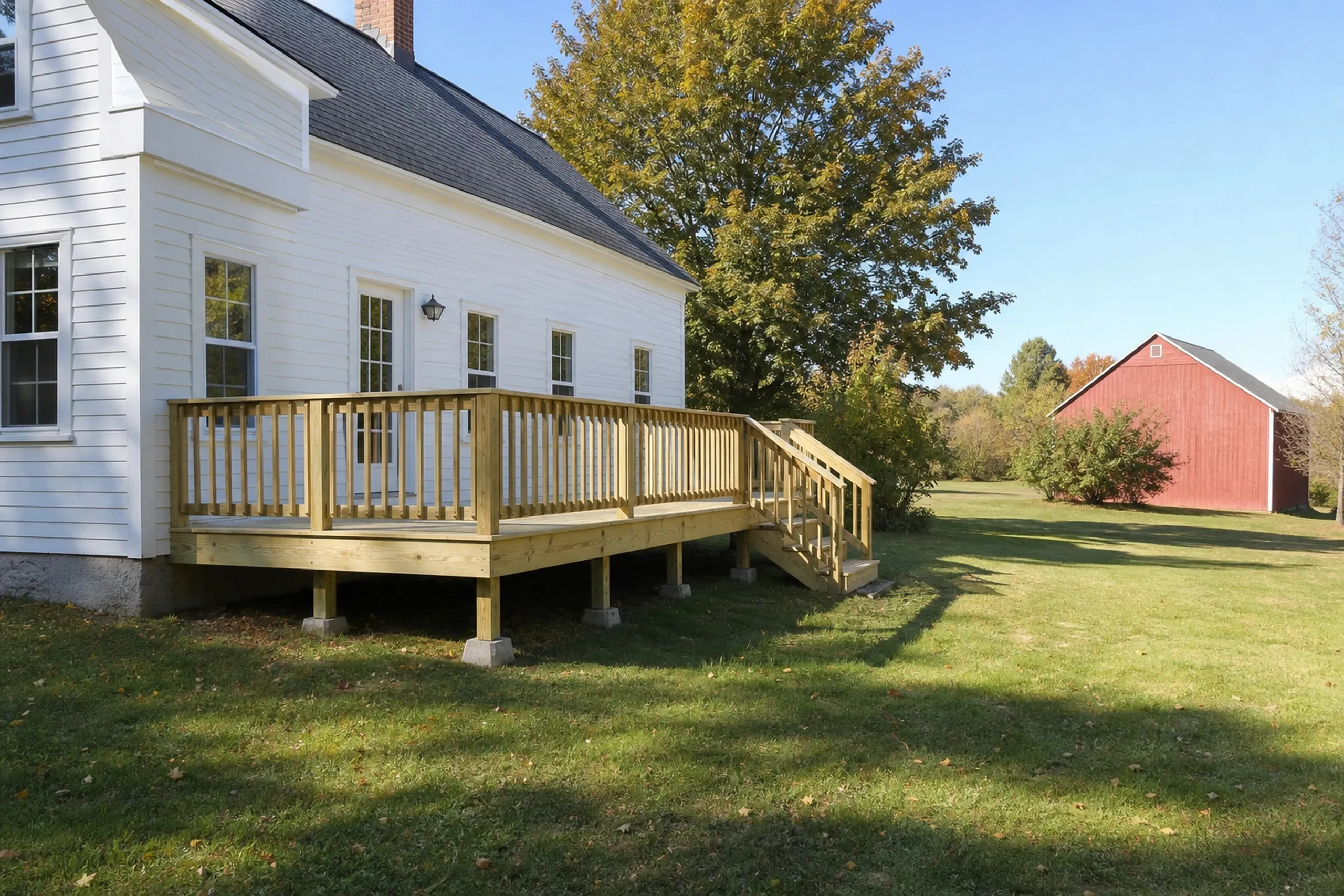 A white house with a wooden deck and railing, steps leading down, and a red barn in the background on a grassy lawn.