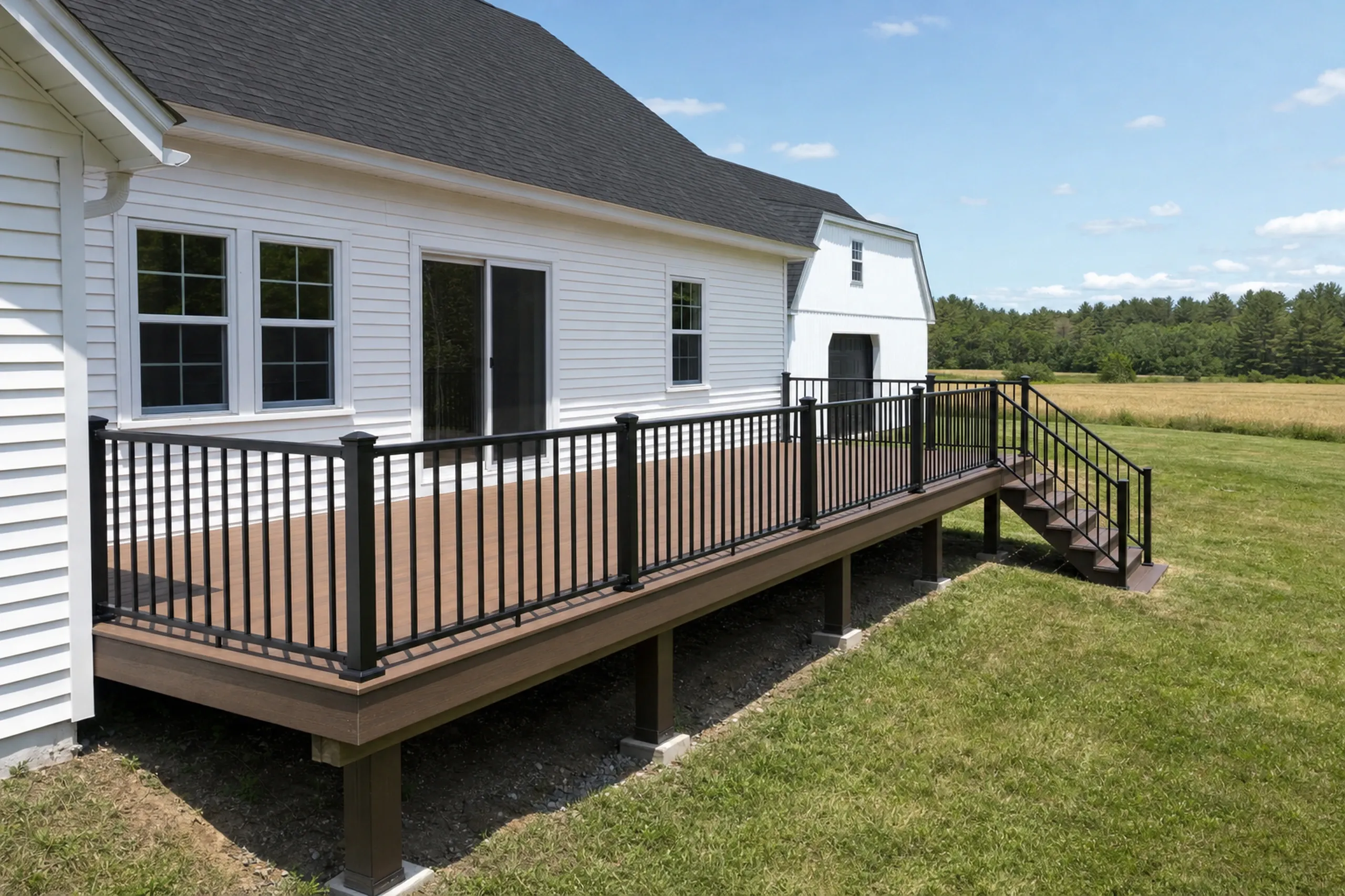 Deck builders in bowdoinham, me: Deck builders bowdoinham ME: Elevated brown deck with black metal railing attached to white house with three windows and a sliding door.