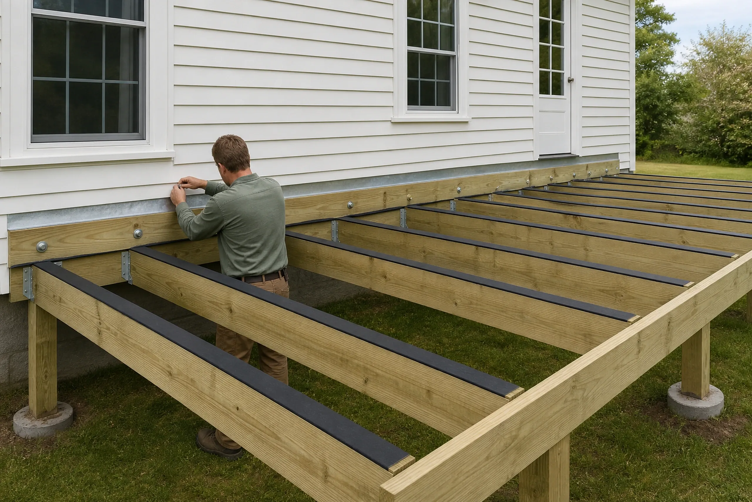 Man working on a wooden deck frame with black metal supports attached to a white house with a window and door, no railing installed.