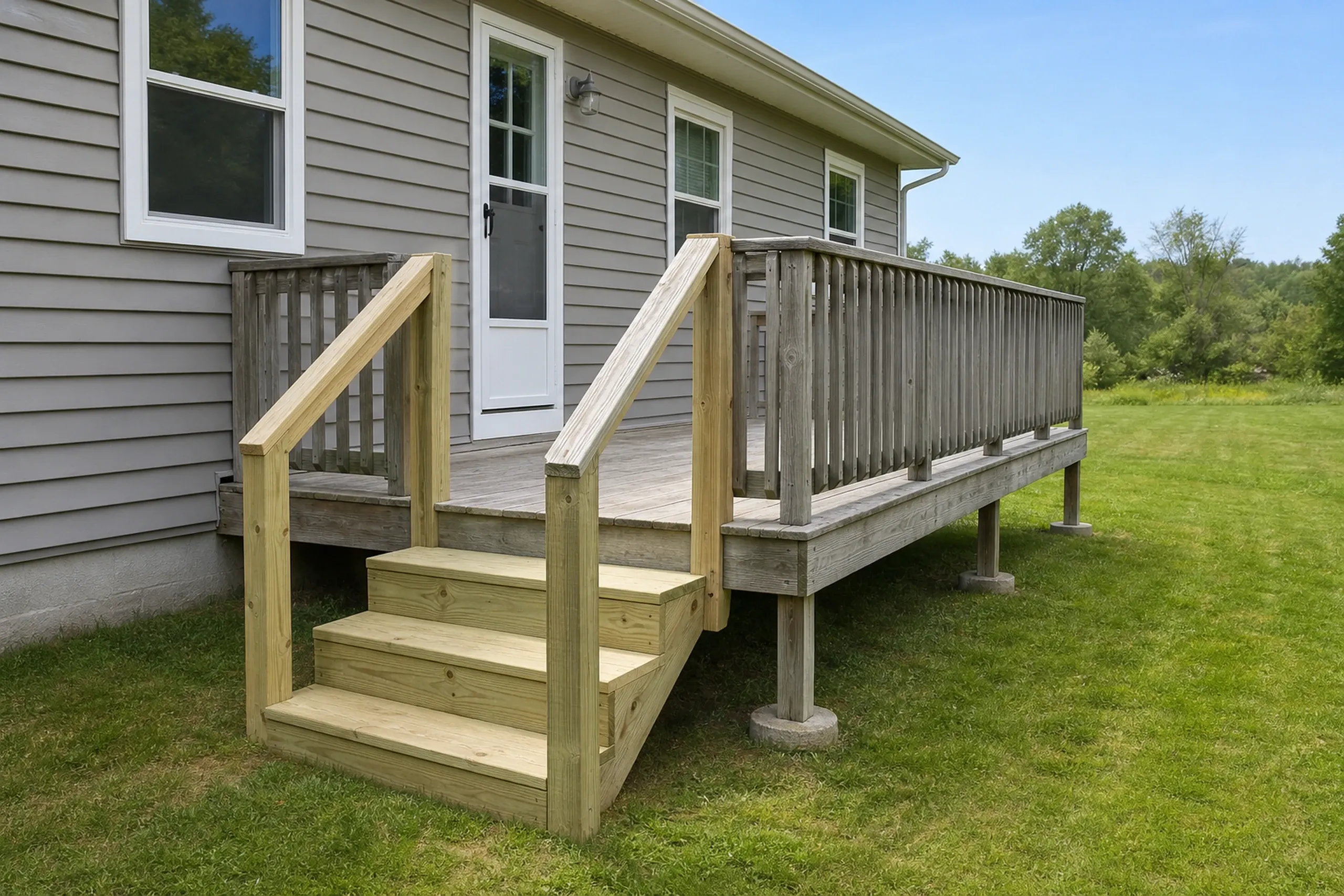 Wooden deck with railing and steps attached to beige house with white door, set on green lawn under clear sky. No people visible.