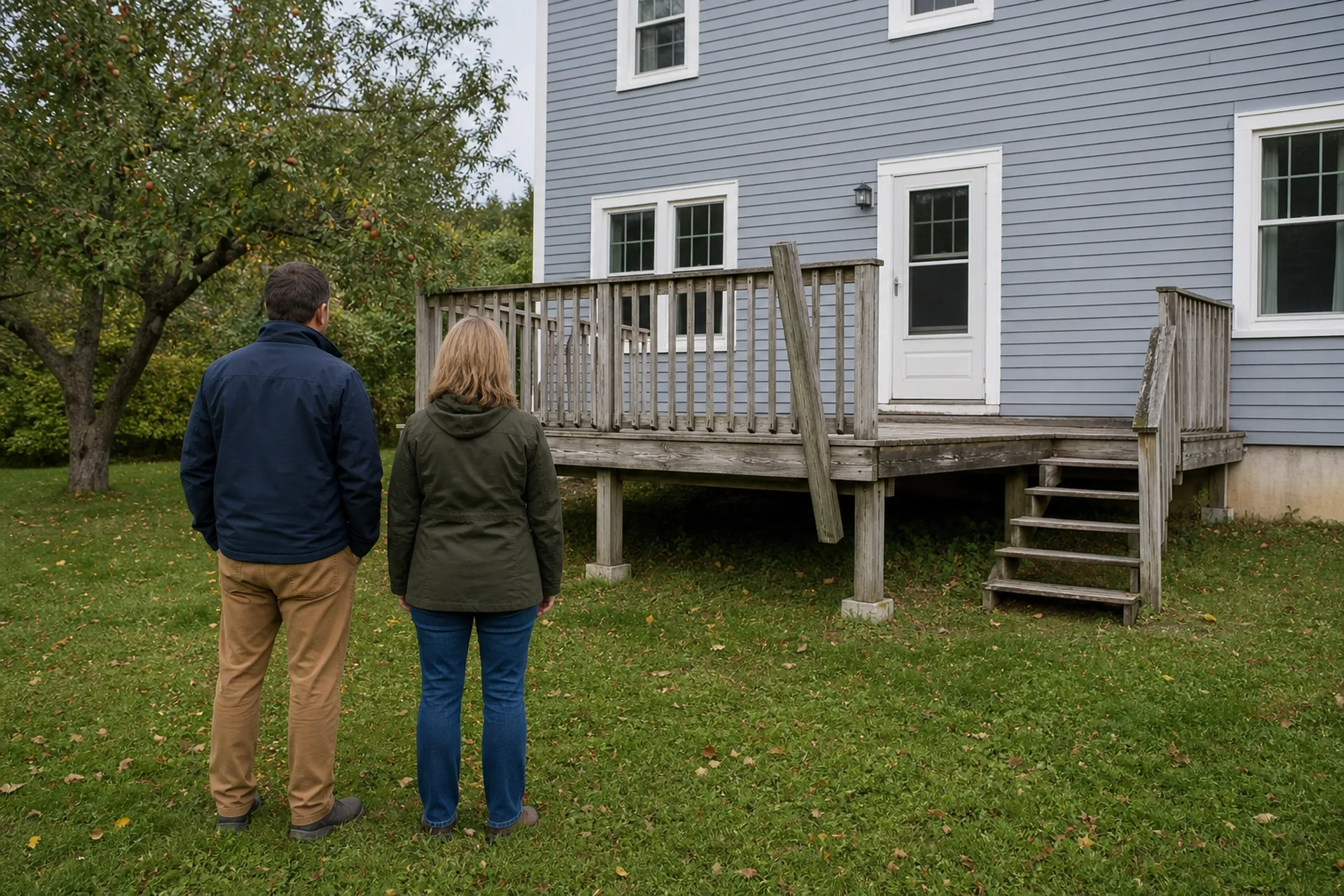 Two people stand on grass facing a raised wooden deck with weathered railing attached to a gray house with white trim.