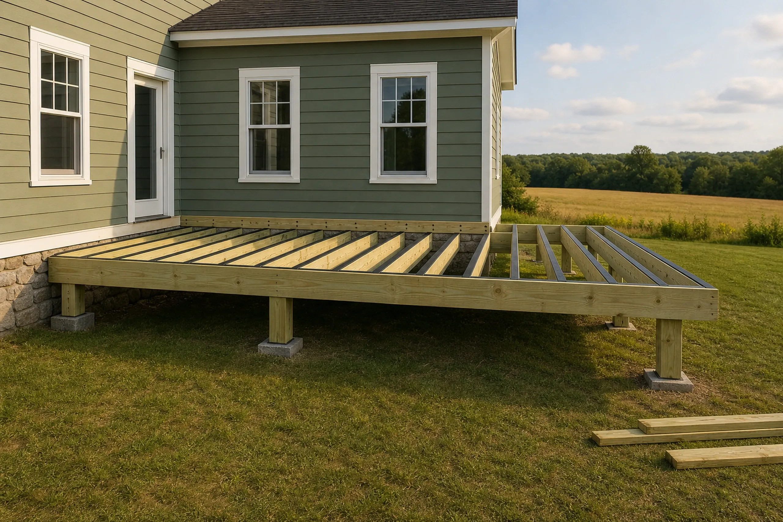 A wooden deck frame without decking attached, attached to a green house with white-trimmed windows, no people visible.