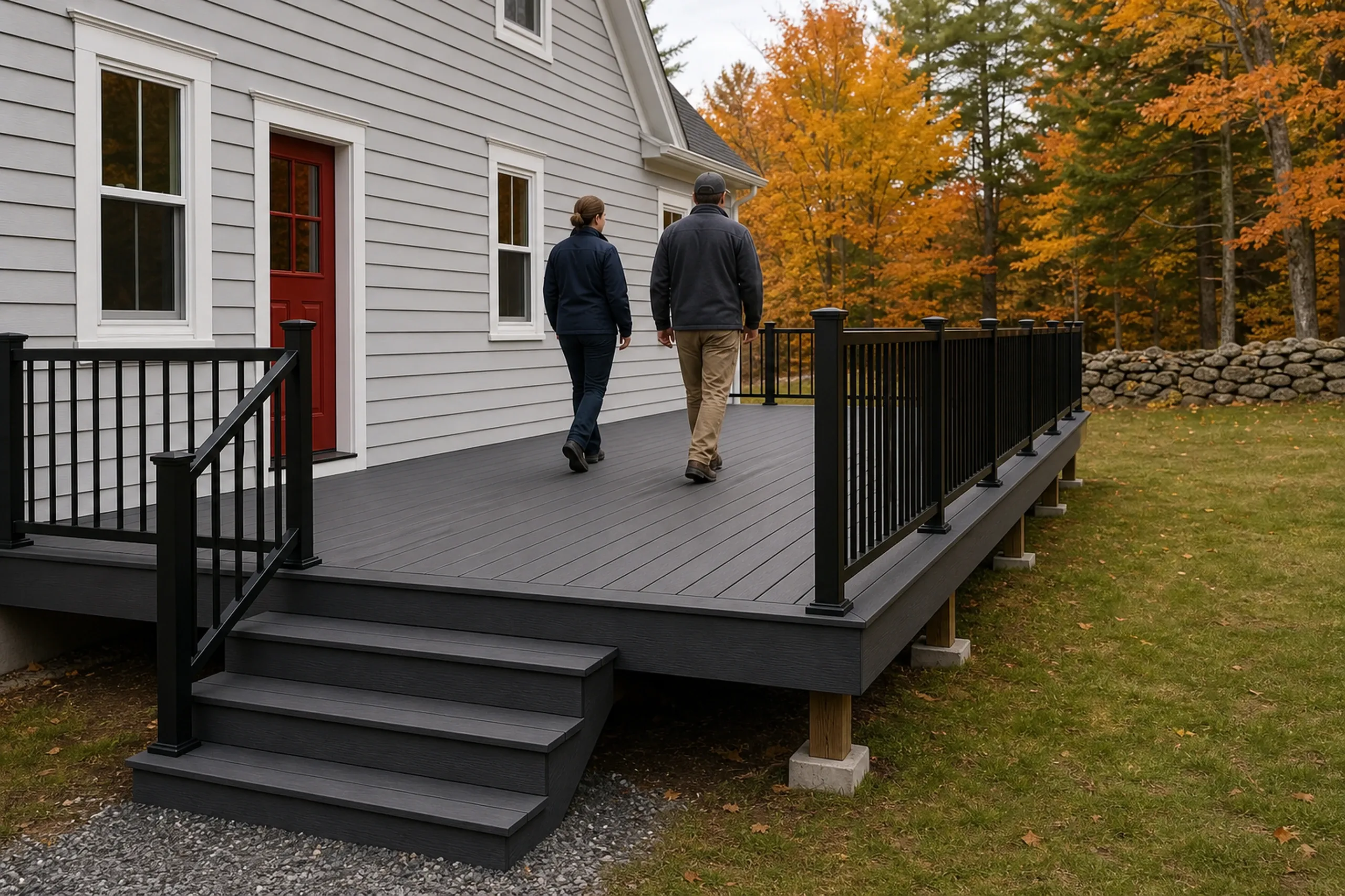 Two people walk on a gray elevated deck with black metal railing attached to a white house with red door and autumn trees nearby.