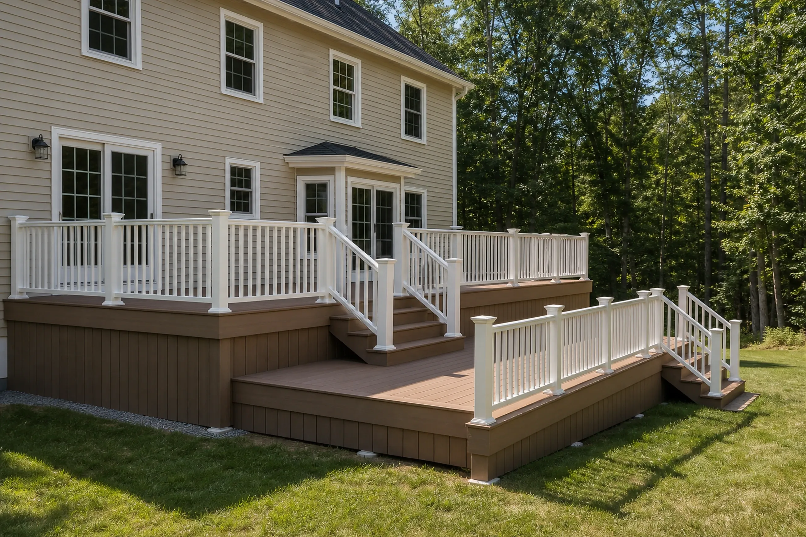 Two-level brown deck with white railing attached to a beige two-story house, no people visible.
