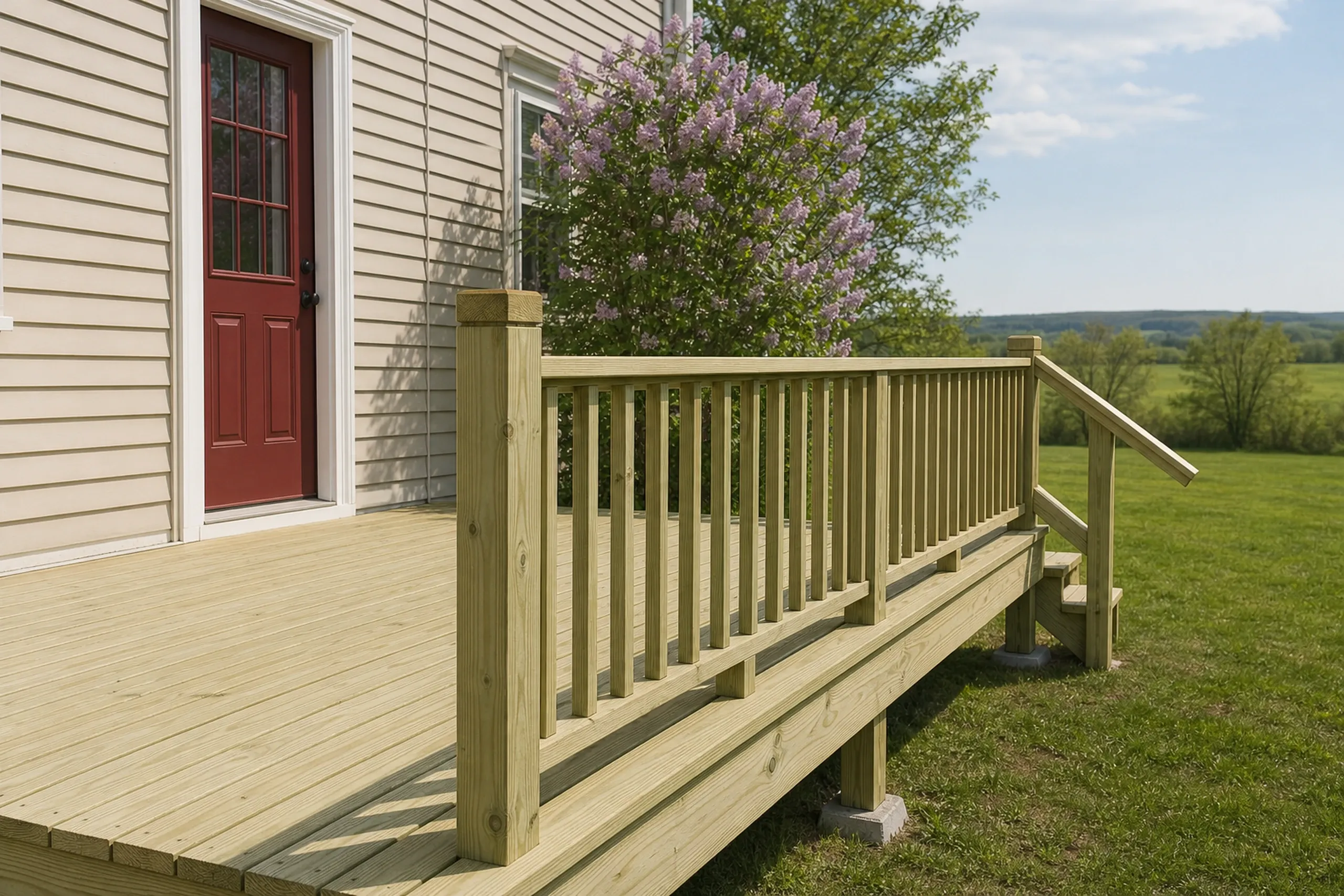 Wooden deck with vertical railings attached to beige house with red door; grassy yard and tree visible; no people present.